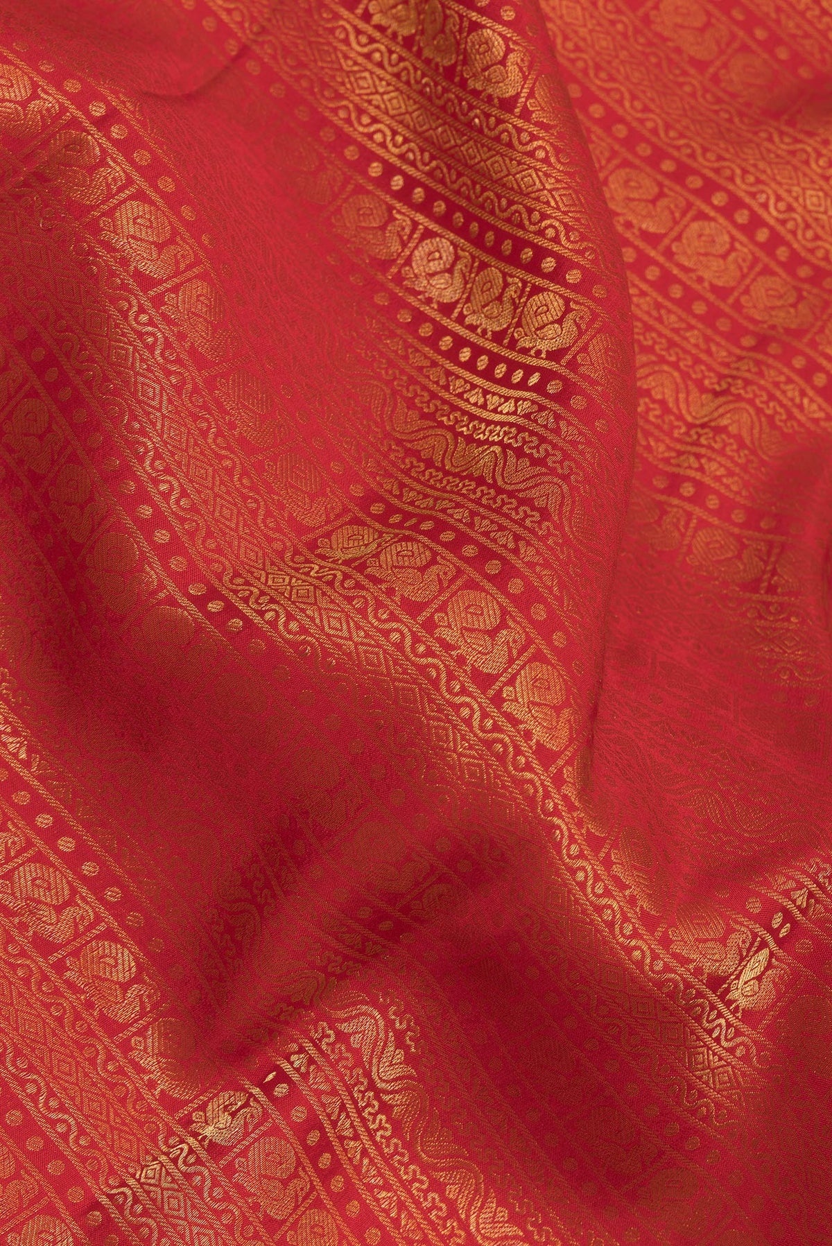 Close up of Red Crepe Saree with Zari Brocade on the body and Zari Border.  displaying folds