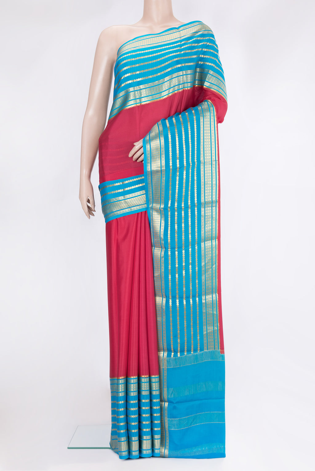 Pink Mysore Silk Saree with Plain Body and Zari Border.  displayed on a mannequin