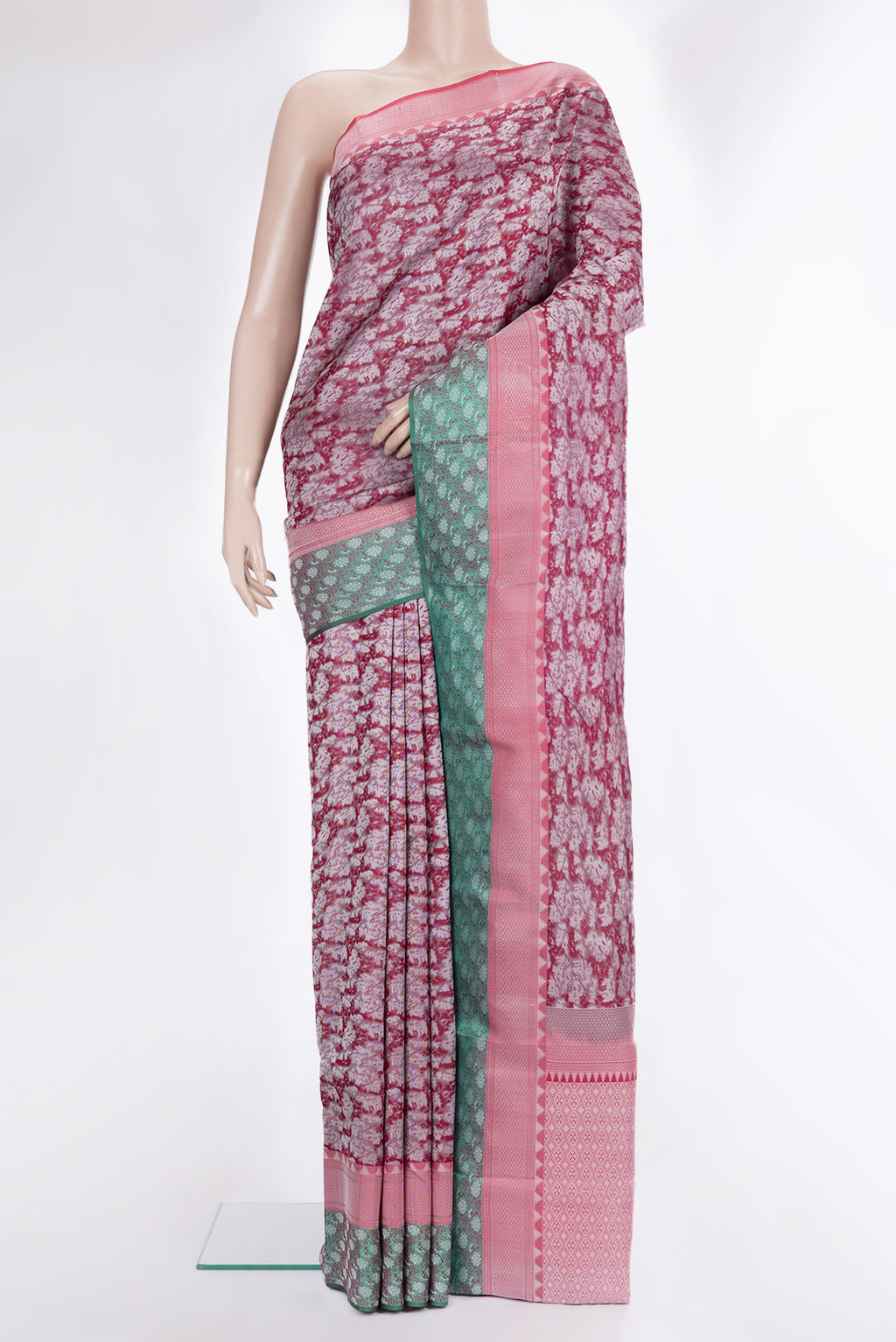 Pure Silk Maroon Dual Tone Kanchipuram Saree with Jacquard design on the body and Fancy Border.  displayed on a mannequin