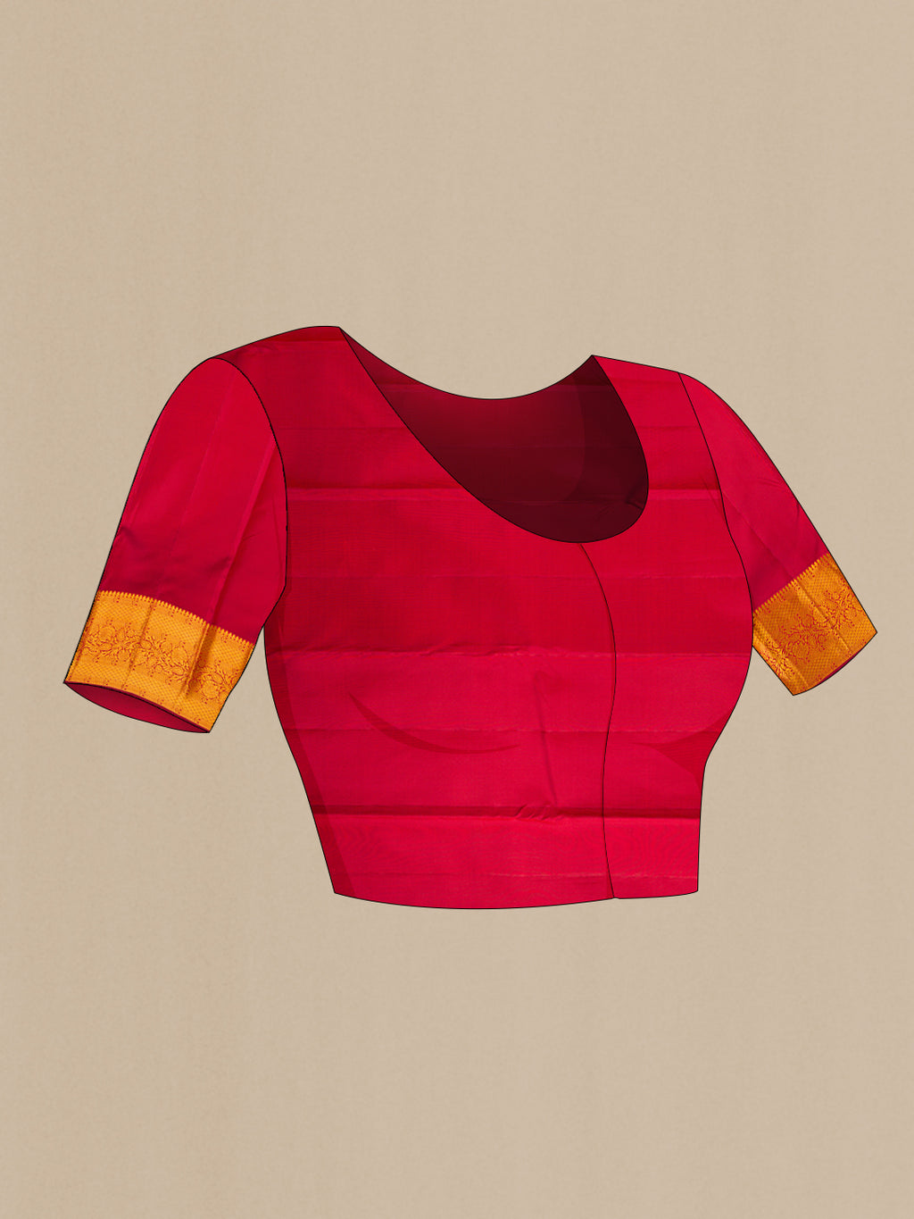 Close up image of the blouse of Maroon Kanjivaram Silk Saree with Zari Brocade on the body and Zari Border. 