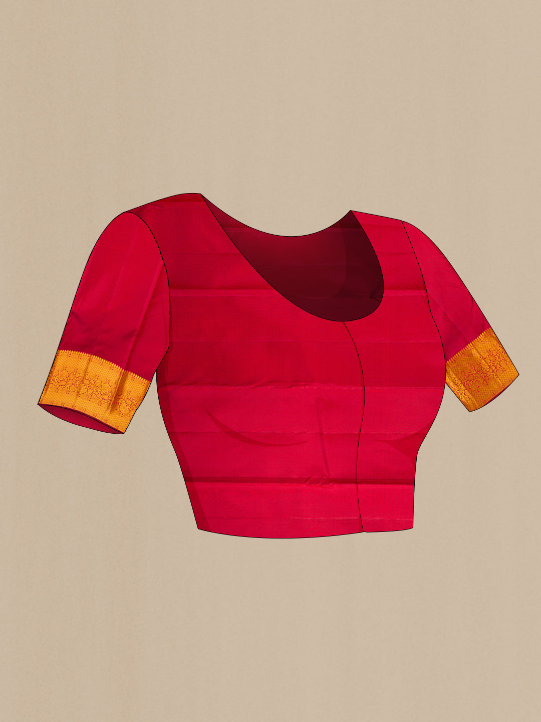 Close up image of the blouse of Maroon Kanjivaram Silk Saree with Zari Brocade on the body and Zari Border. 