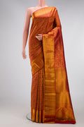 Maroon Kanjivaram Silk Saree with Zari Brocade on the body and Zari Border.  displayed on a mannequin