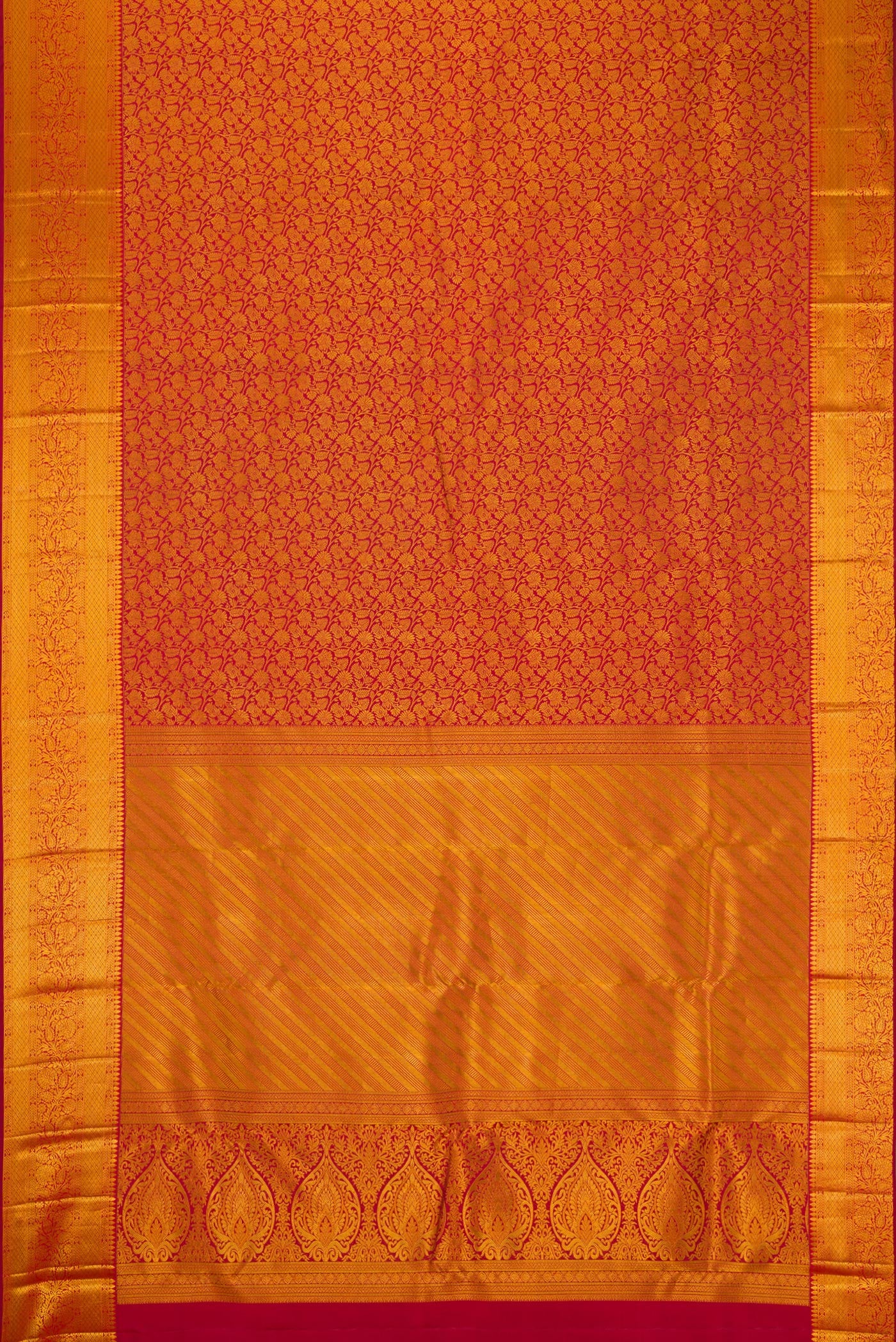Flat view of Maroon Kanjivaram Silk Saree with Zari Brocade on the body and Zari Border. 
