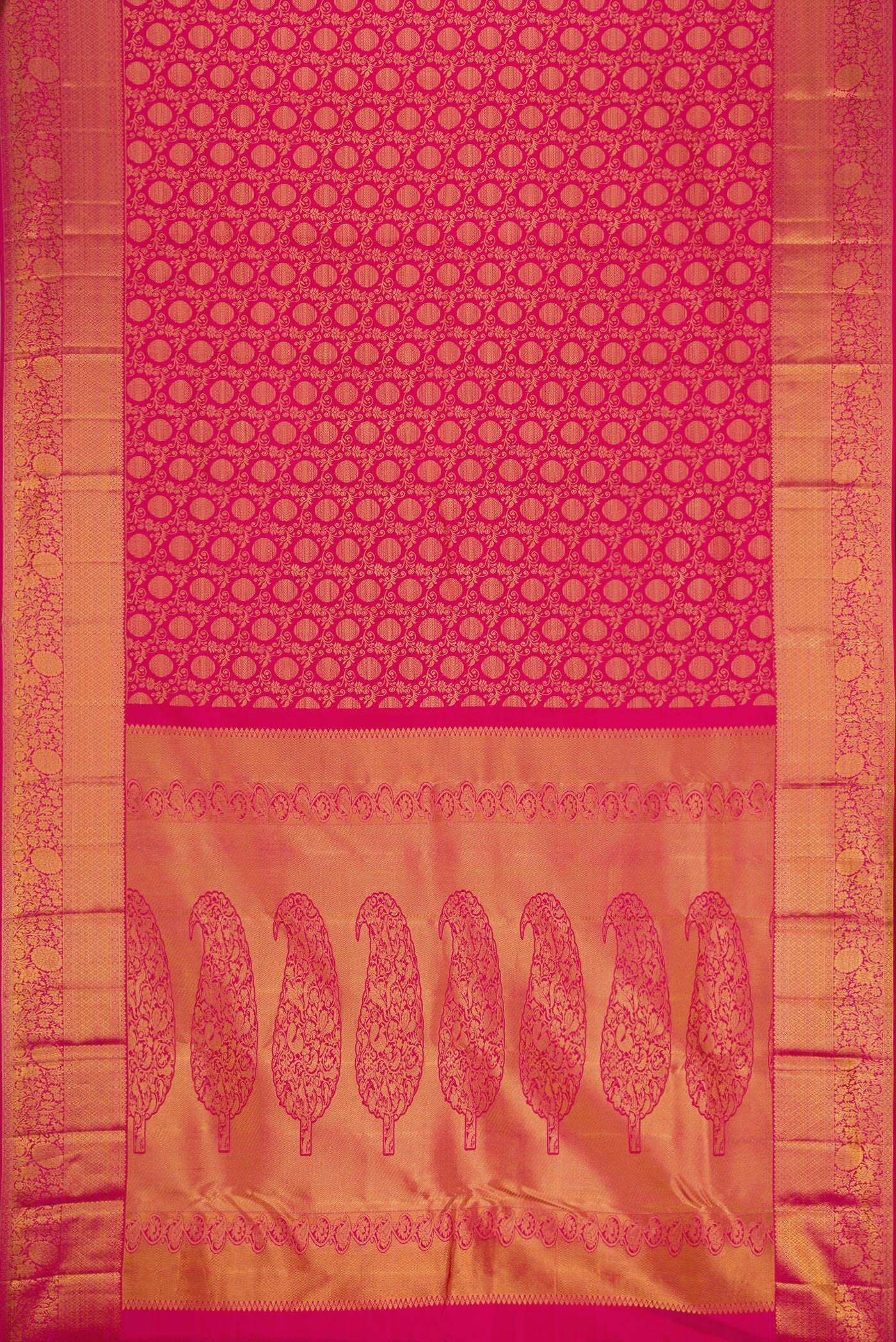 Flat view of Pink Dual Tone Kanjivaram Silk Saree with Zari Brocade on the body and Zari Border. 