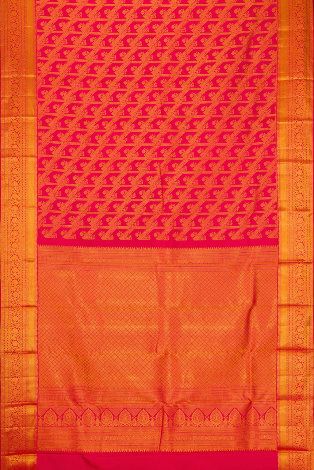 Flat view of Dark Pink Dual Tone Kanjivaram Silk Saree with Zari Brocade on the body and Zari Border. 