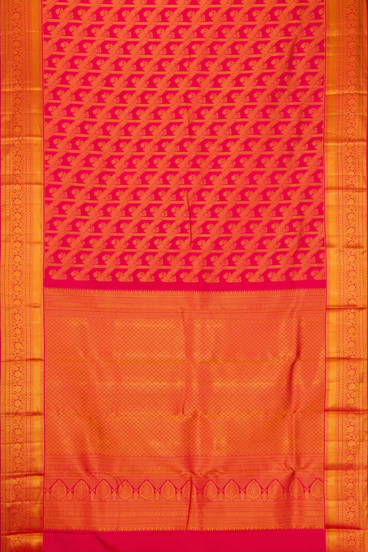 Flat view of Dark Pink Dual Tone Kanjivaram Silk Saree with Zari Brocade on the body and Zari Border. 