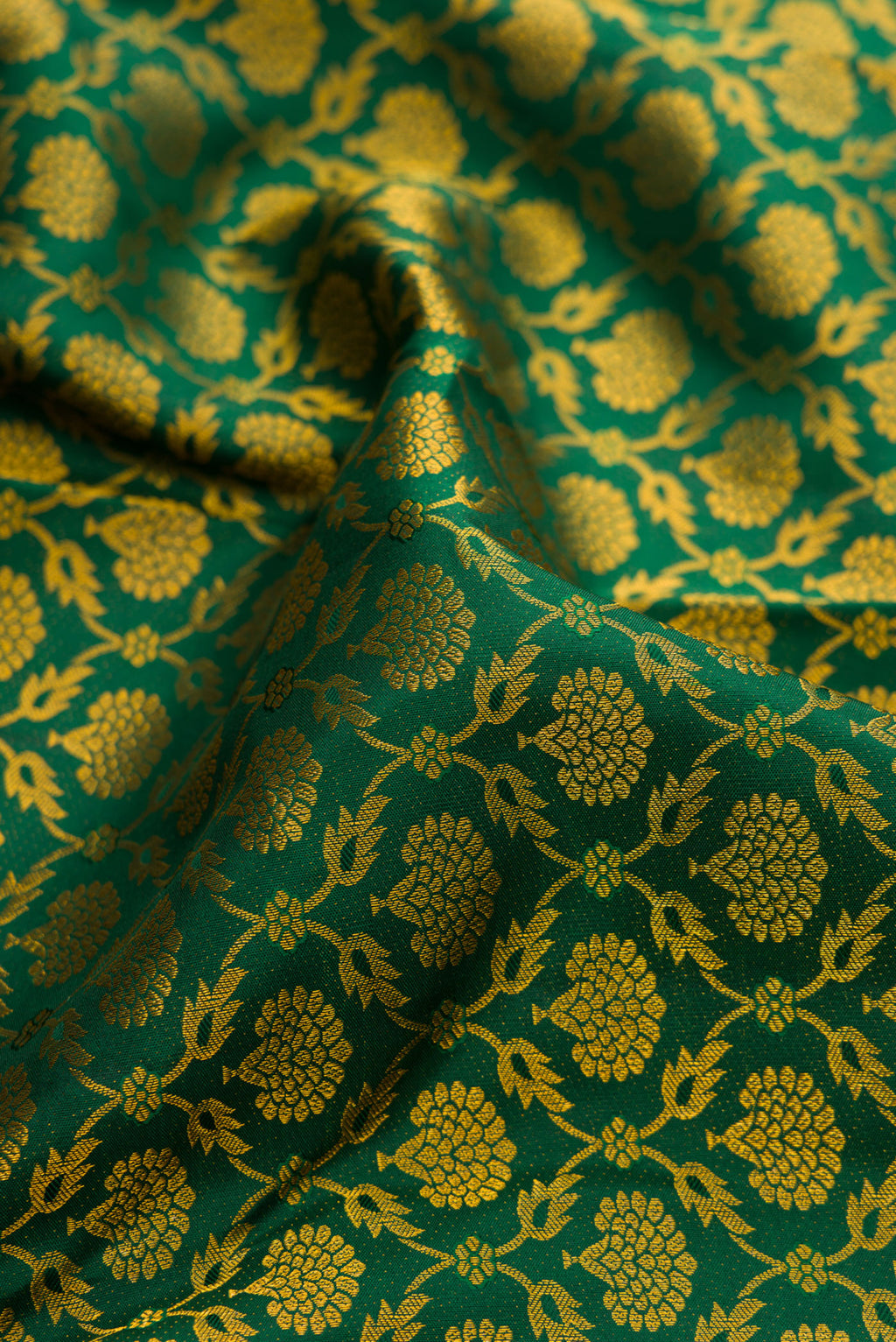 Close up of Pure Silk Green Kanjivaram Saree with Zari Brocade on the body and Zari Border.  displaying folds