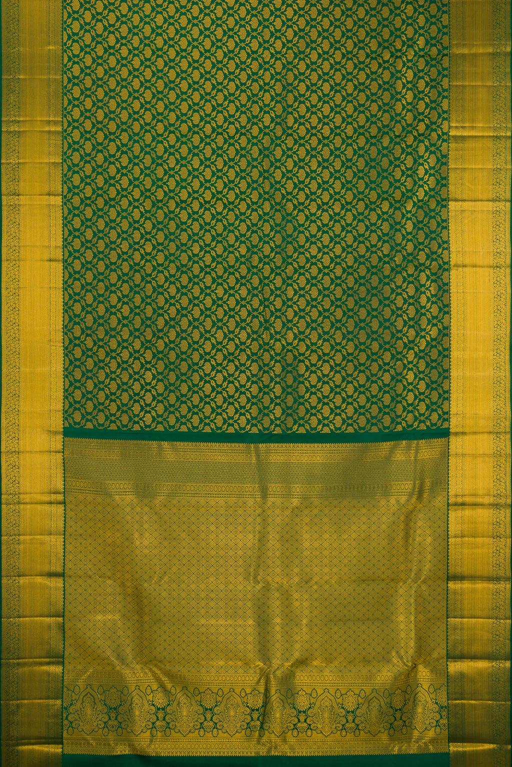 Flat view of Pure Silk Green Kanjivaram Saree with Zari Brocade on the body and Zari Border. 