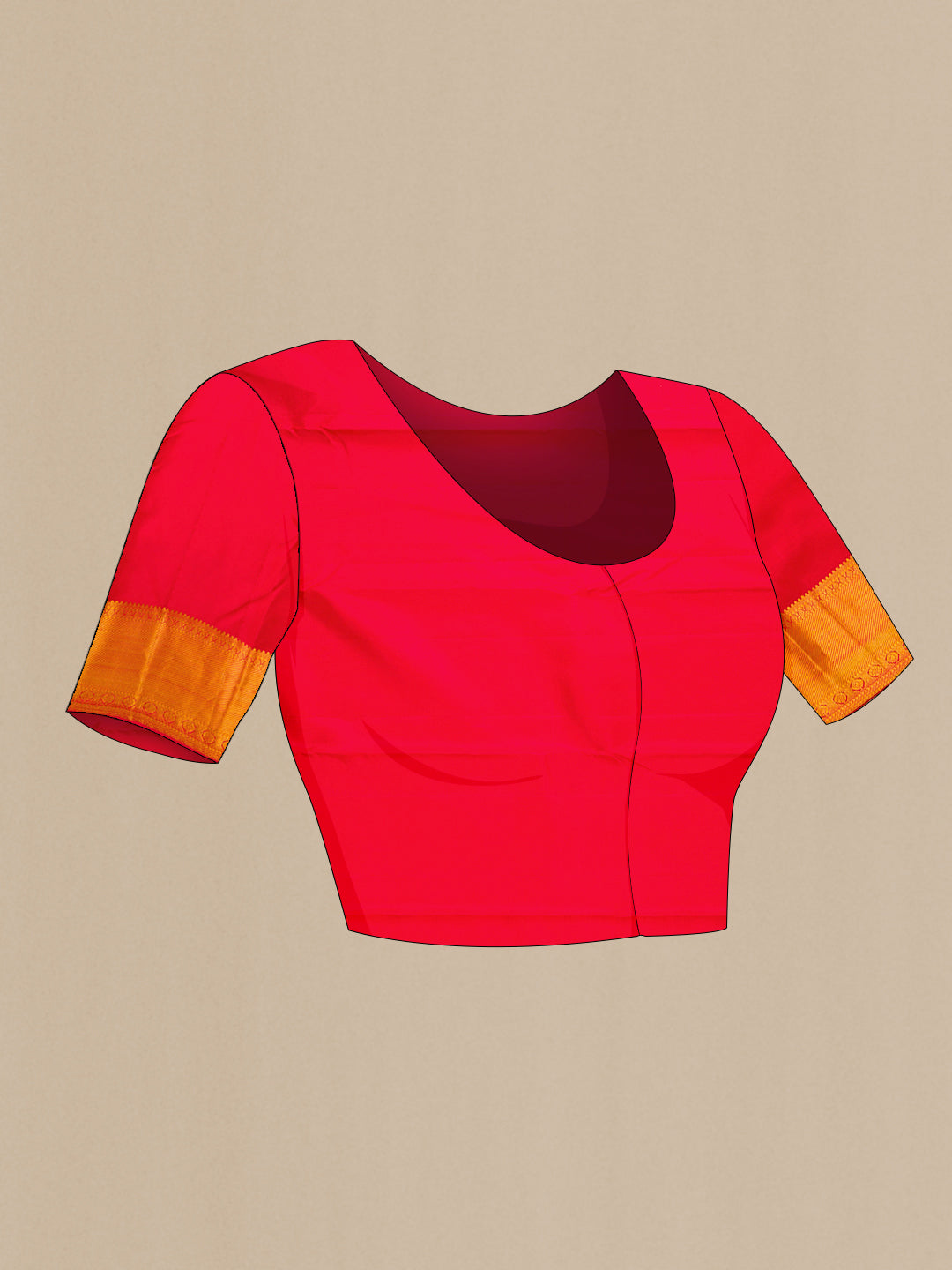 Close up image of the blouse of Red Dual Tone Kanjivaram Silk Saree with Zari Brocade on the body and Zari Border. 