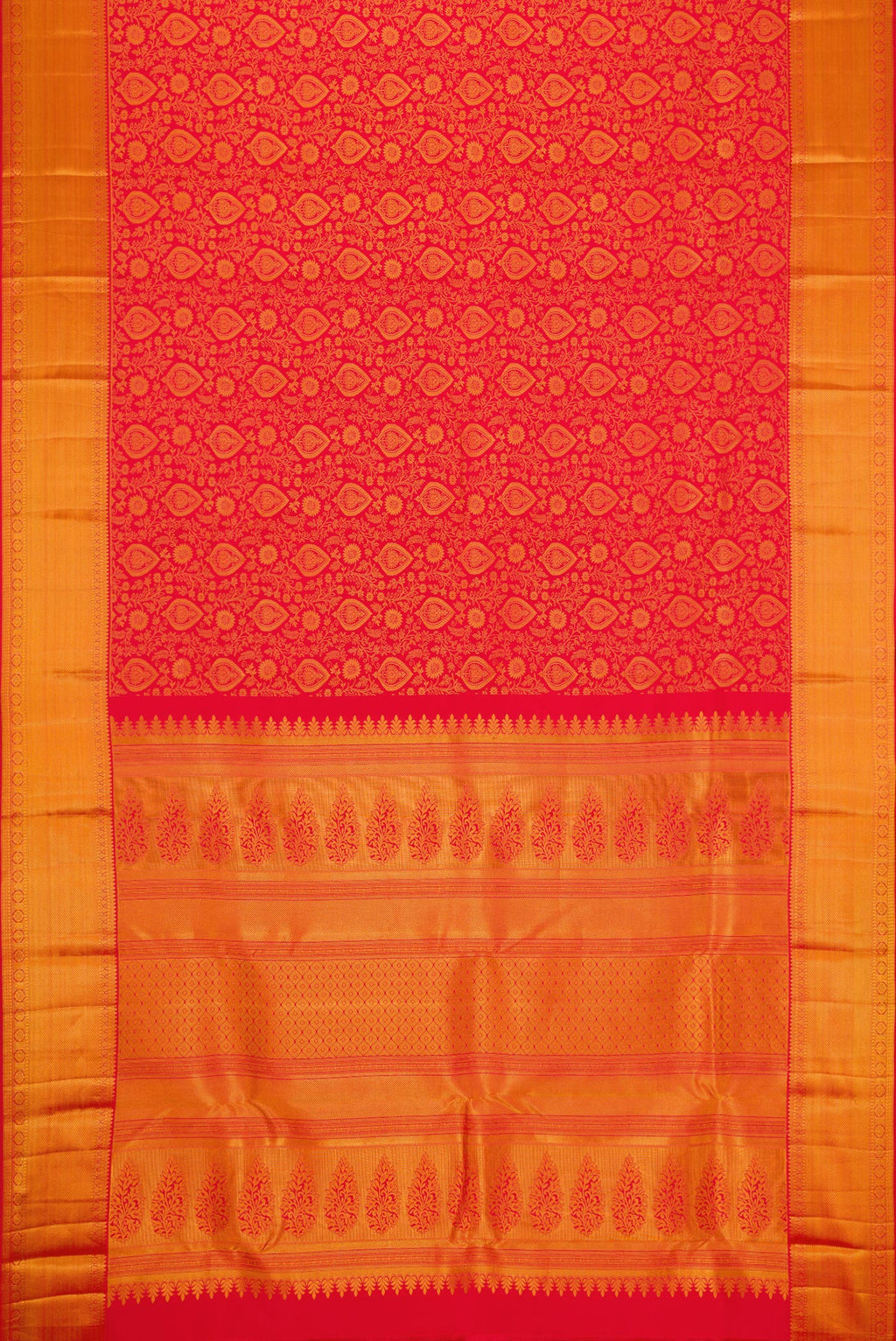 Flat view of Red Dual Tone Kanjivaram Silk Saree with Zari Brocade on the body and Zari Border. 
