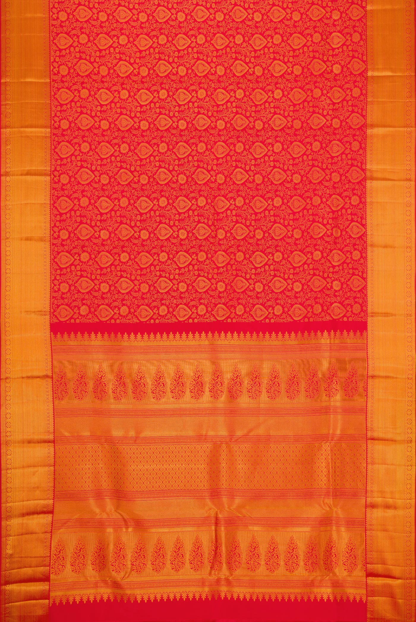 Flat view of Red Dual Tone Kanjivaram Silk Saree with Zari Brocade on the body and Zari Border. 