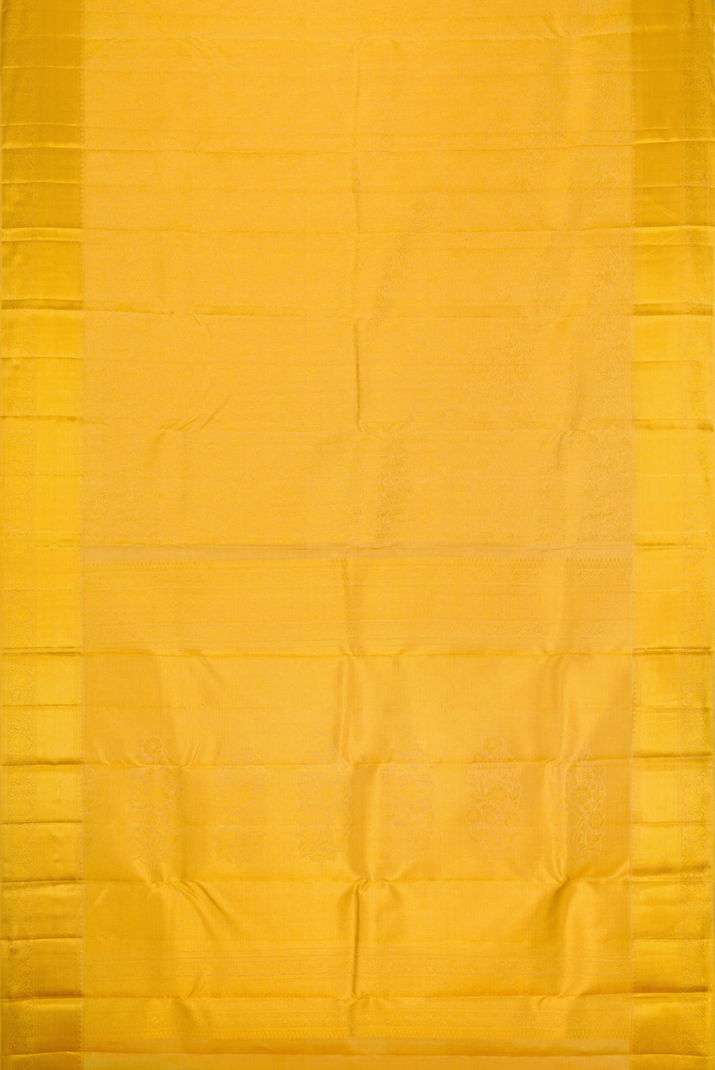 Flat view of Gold Dual Tone Kanjivaram Silk Saree with Zari Brocade on the body and Zari Border. 