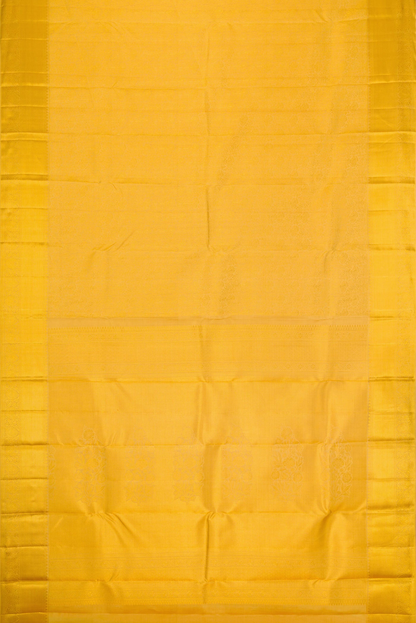 Flat view of Gold Dual Tone Kanjivaram Silk Saree with Zari Brocade on the body and Zari Border. 