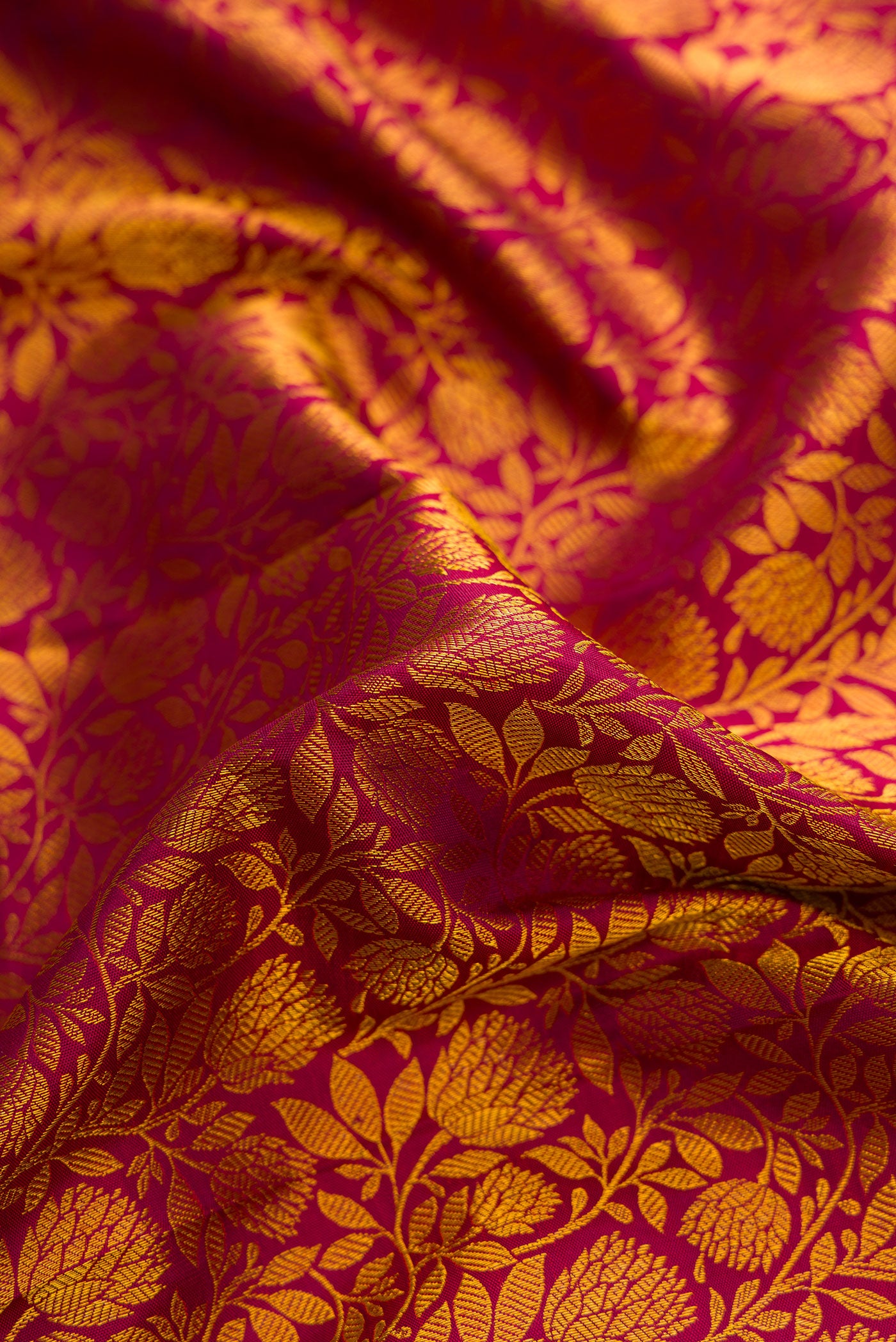 Close up of Maroon Dual Tone Kanjivaram Silk Saree with Zari Brocade on the body and Zari Border.  displaying folds