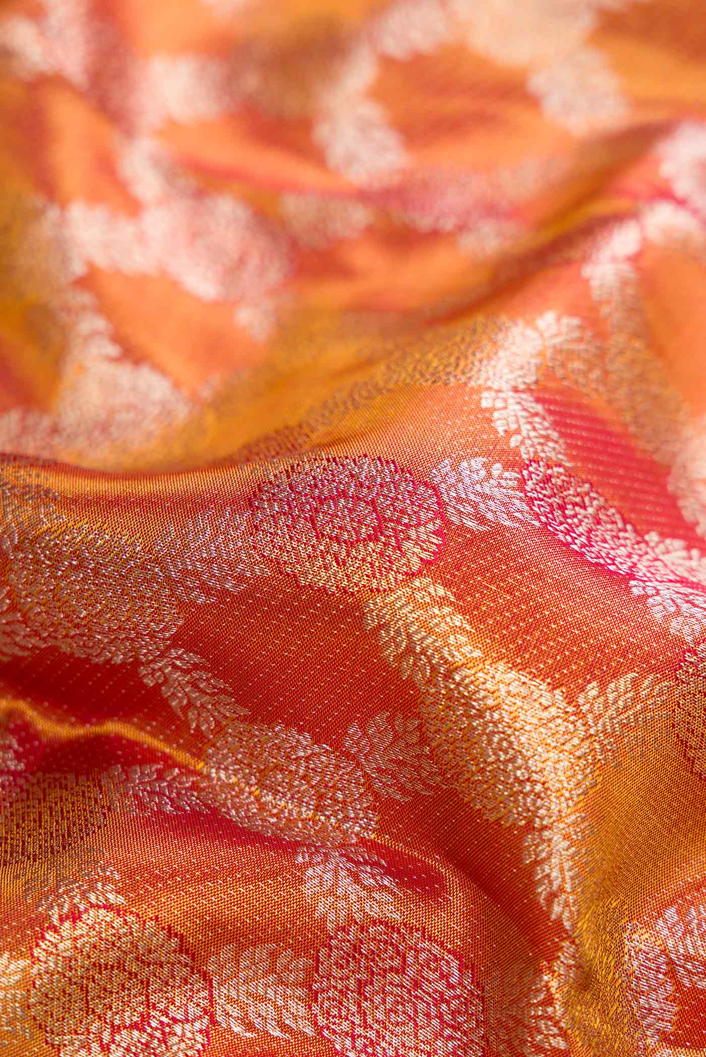 Close up of Gold Dual Tone Kanchipuram Tissue Silk Saree with Zari Brocade on the body and Zari Border.  displaying folds