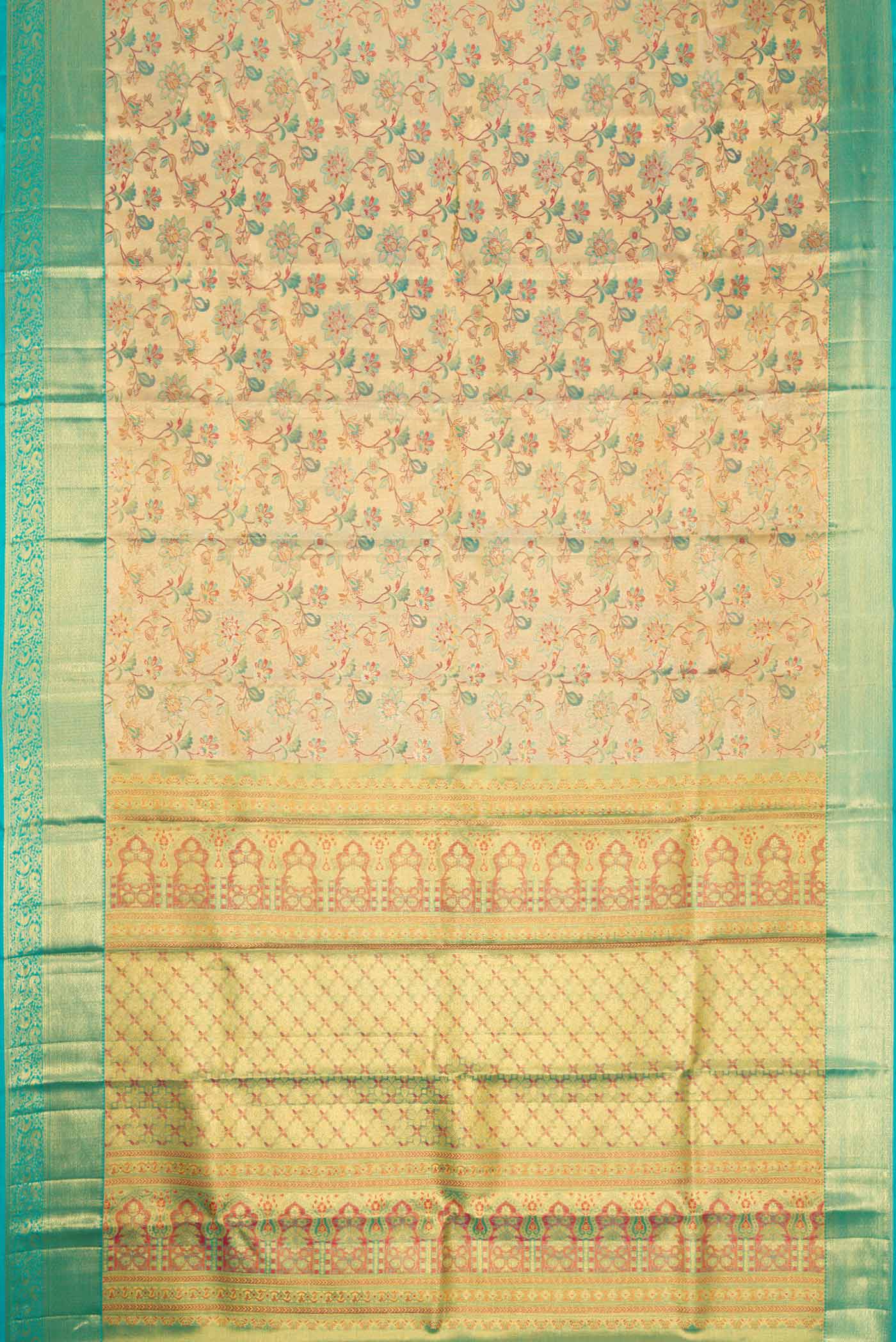 Flat view of Gold Dual Tone Kanchipuram Tissue Silk Saree with Zari Brocade on the body and Zari Border. 