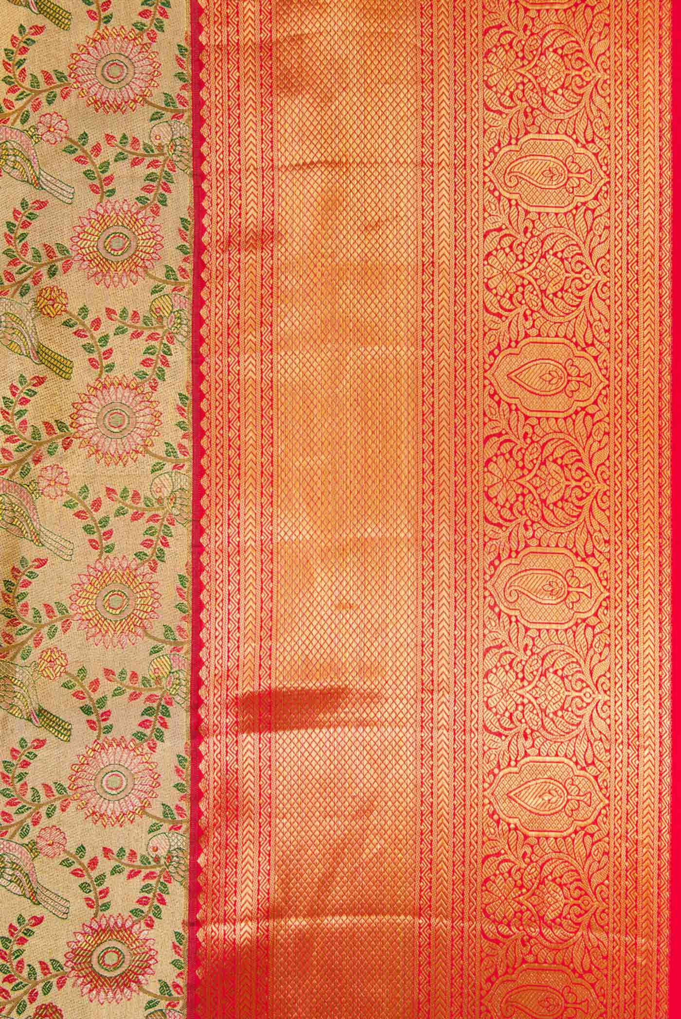 Border image of Gold Dual Tone Kanchipuram Tissue Silk Saree with Zari Brocade on the body and Zari Border. 