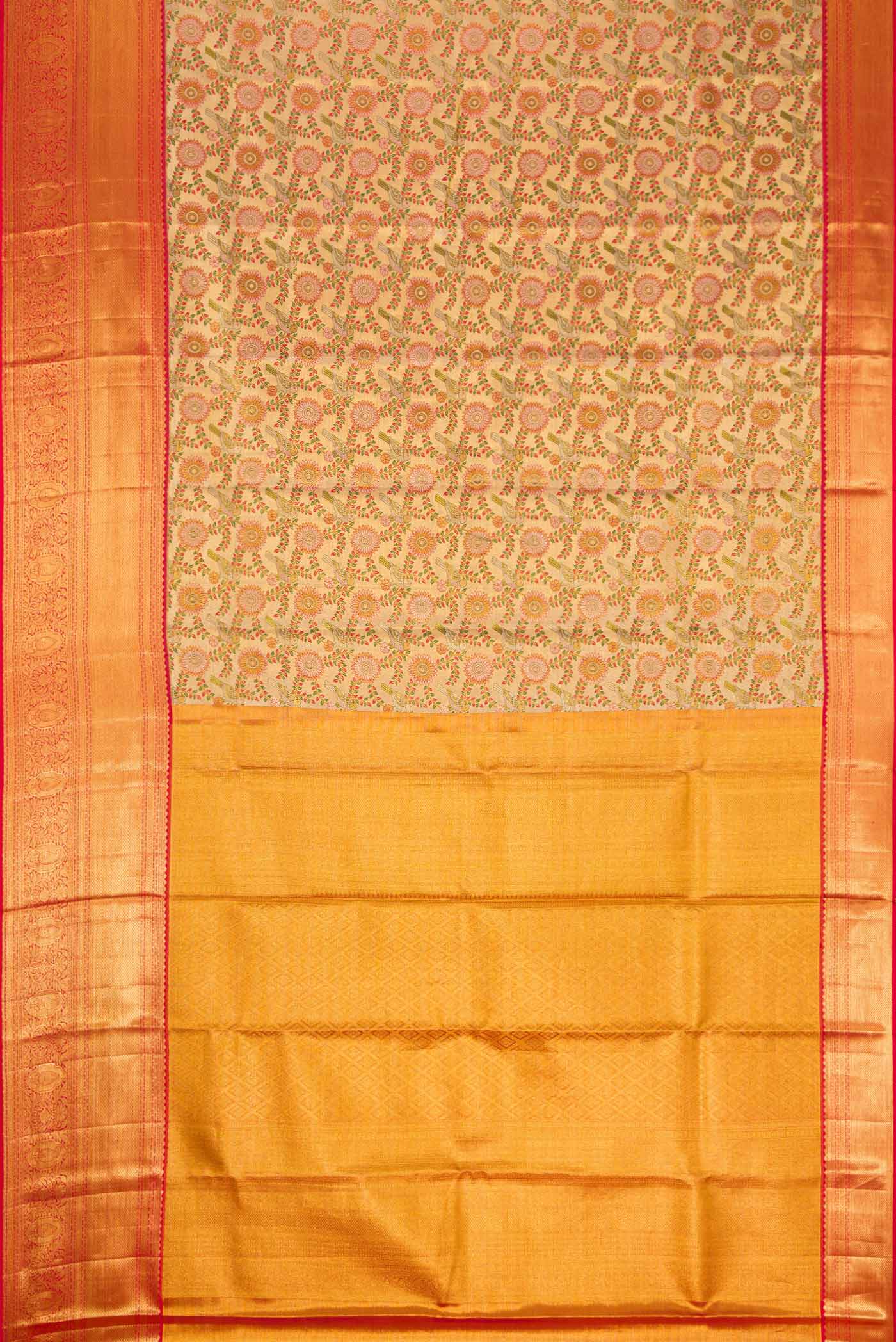 Flat view of Gold Dual Tone Kanchipuram Tissue Silk Saree with Zari Brocade on the body and Zari Border. 