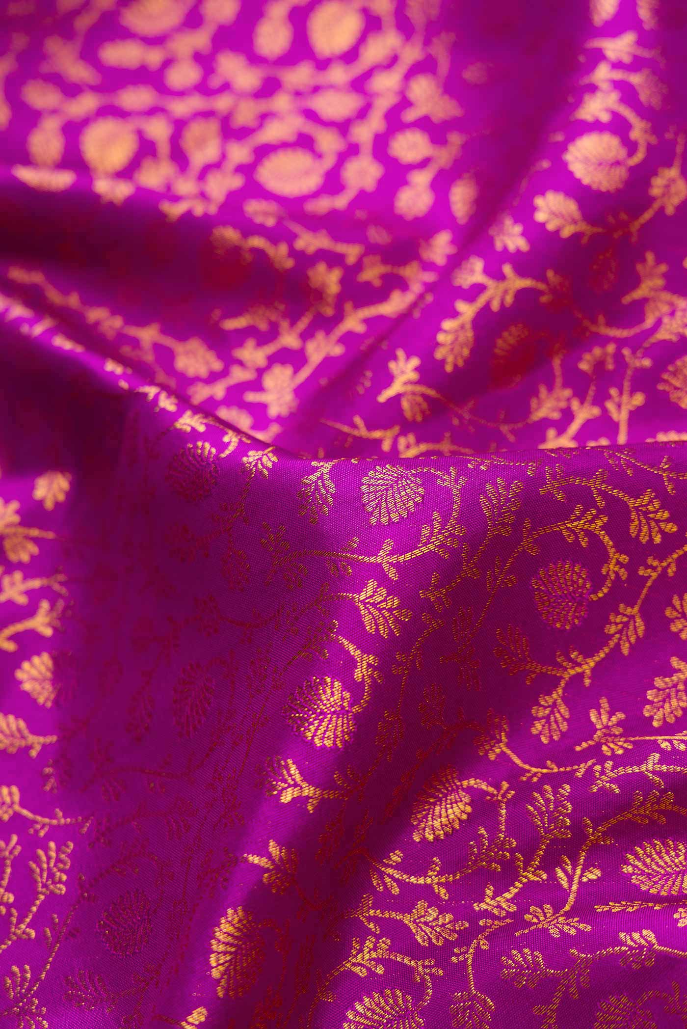 Close up of Magenta Dual Tone Kanchipuram Silk Saree with Zari Brocade on the body and Zari Border.  displaying folds
