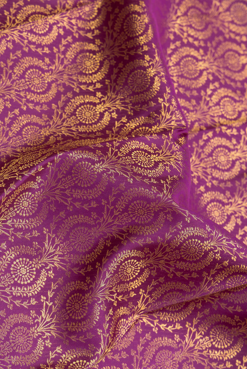Close up of Magenta Dual Tone Kanchipuram Silk Saree with Zari Brocade on the body and Zari Border.  displaying folds