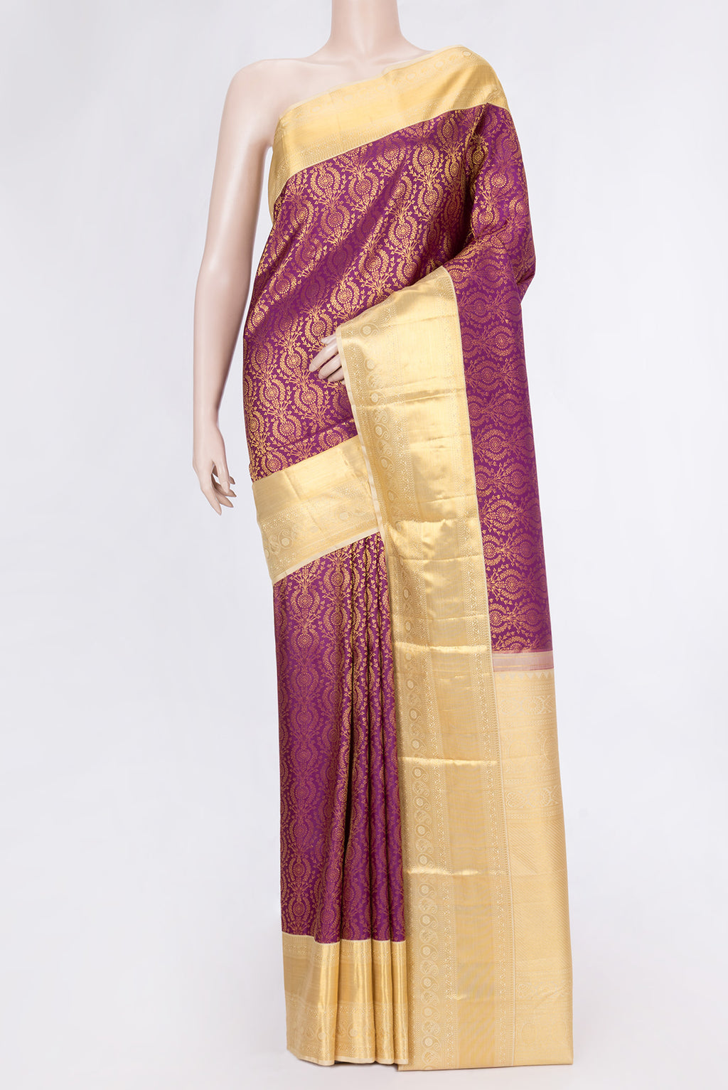 Magenta Dual Tone Kanchipuram Silk Saree with Zari Brocade on the body and Zari Border.  displayed on a mannequin