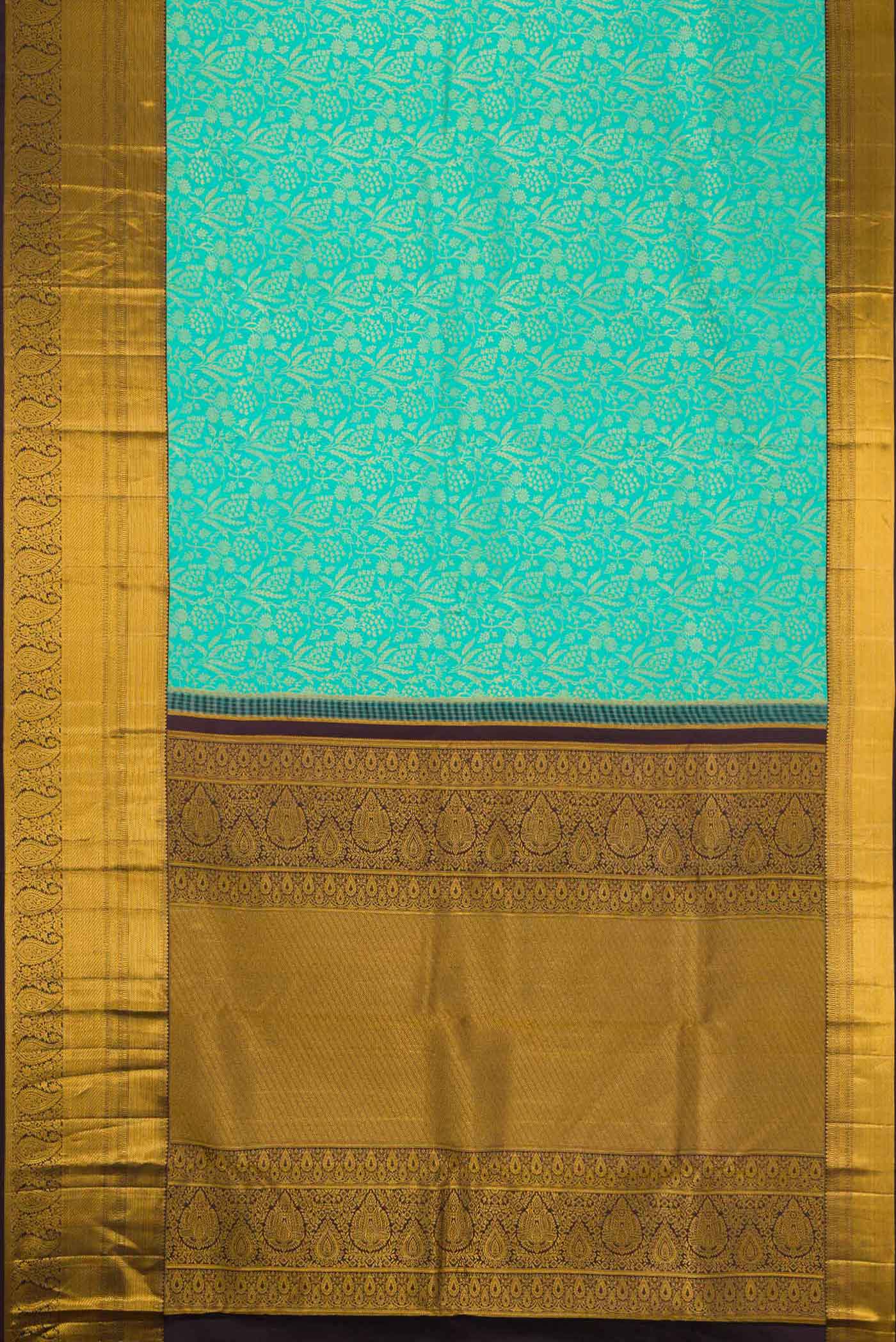 Flat view of Sea Green Dual Tone Kanchipuram Silk Saree with Zari Brocade on the body and Zari Border. 