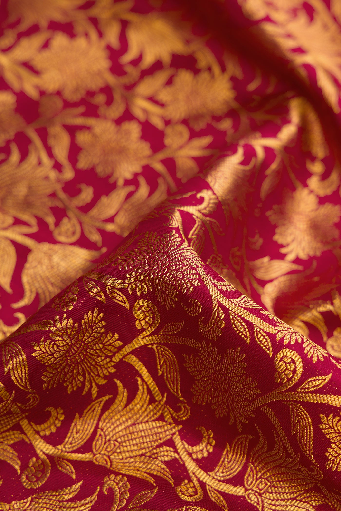 Close up of Maroon Dual Tone Kanchipuram Silk Saree with Zari Brocade on the body and Zari Border.  displaying folds