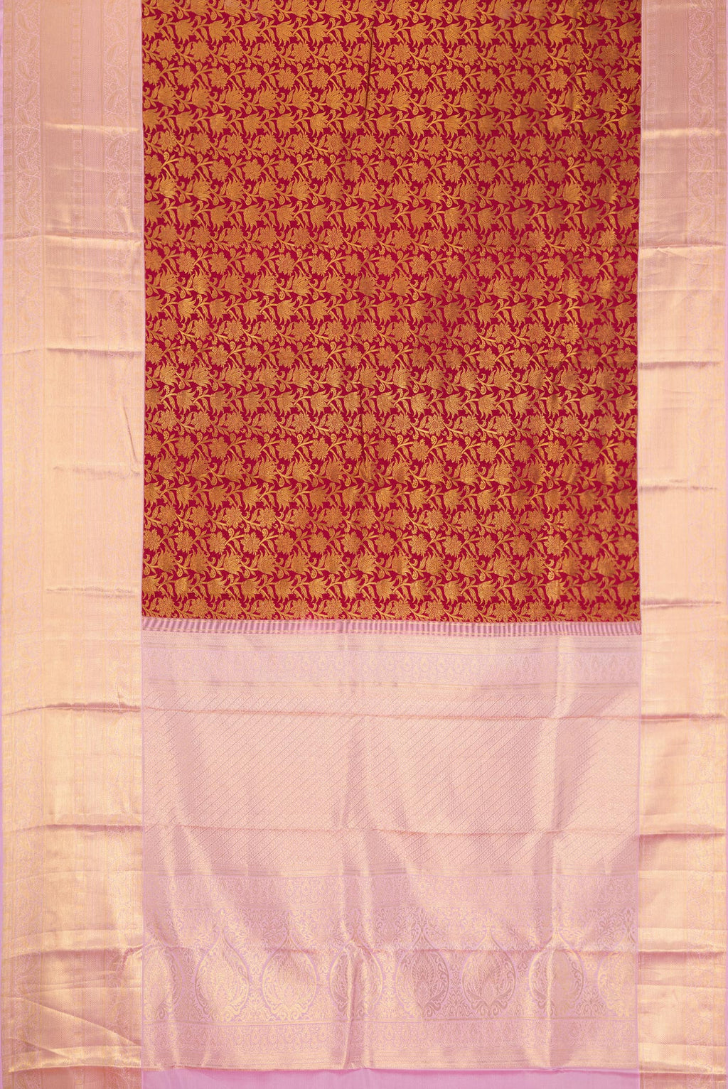 Flat view of Maroon Dual Tone Kanchipuram Silk Saree with Zari Brocade on the body and Zari Border. 