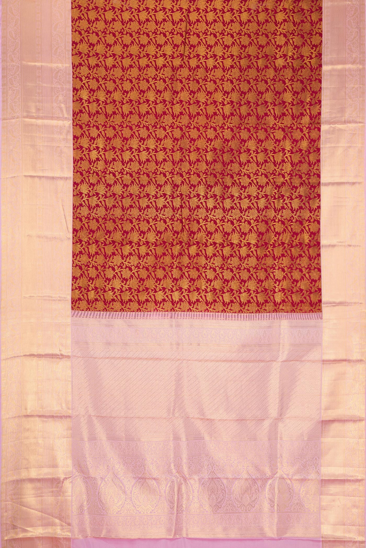 Flat view of Maroon Dual Tone Kanchipuram Silk Saree with Zari Brocade on the body and Zari Border. 