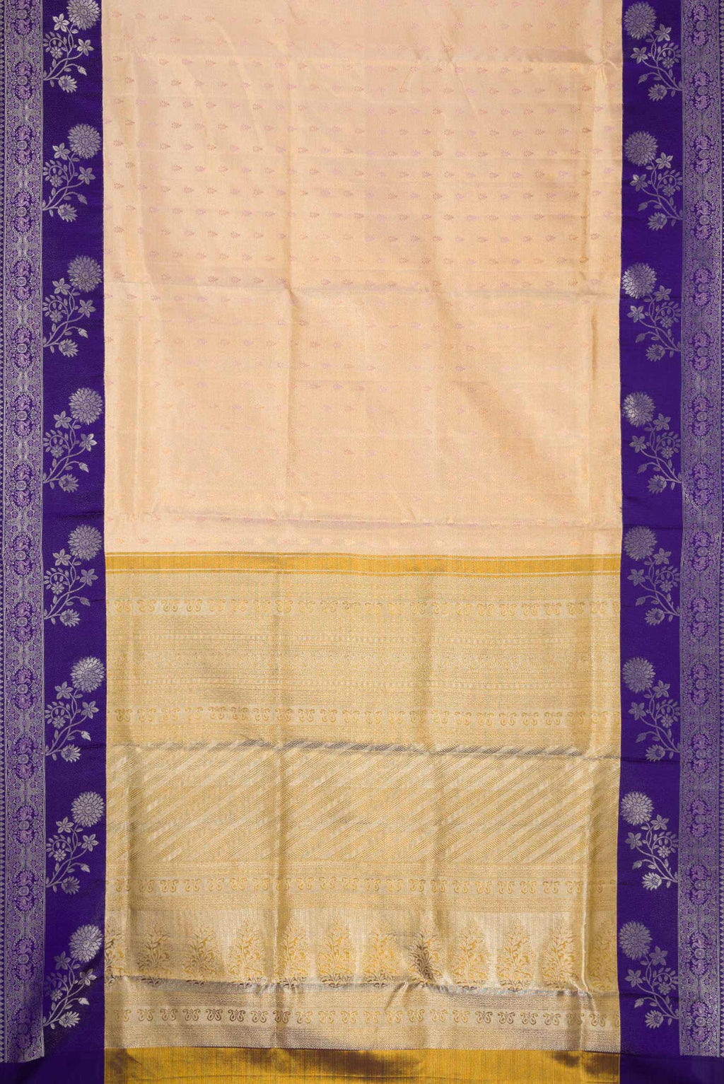 Flat view of Gold Dual Tone Kanjivaram Tissue Silk Saree with Zari Brocade on the body and Zari Border. 
