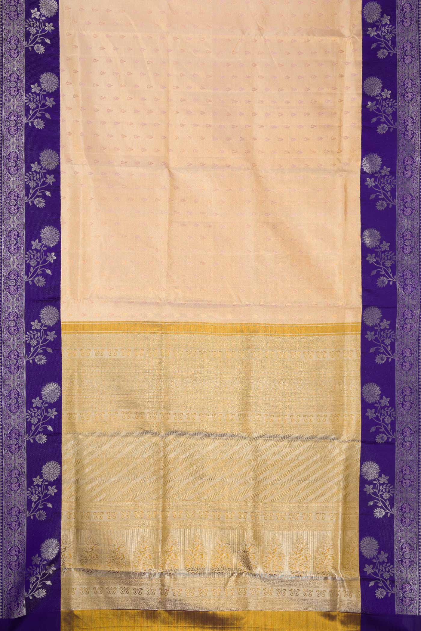 Flat view of Gold Dual Tone Kanjivaram Tissue Silk Saree with Zari Brocade on the body and Zari Border. 