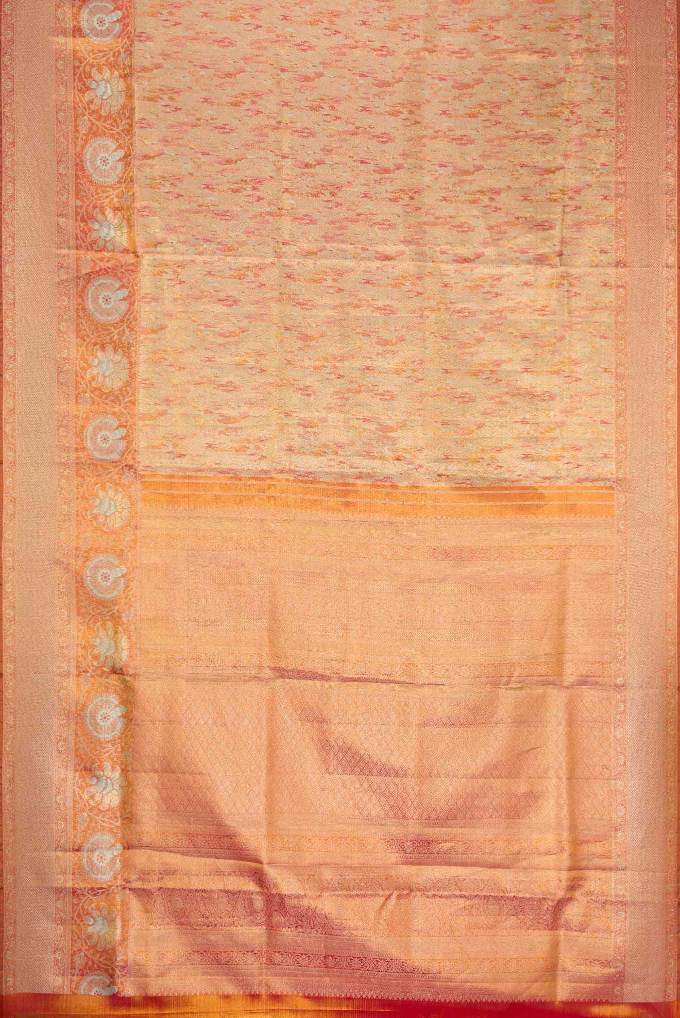 Flat view of Gold Dual Tone Kanjivaram Tissue Silk Saree with Zari Brocade on the body and Zari Border. 