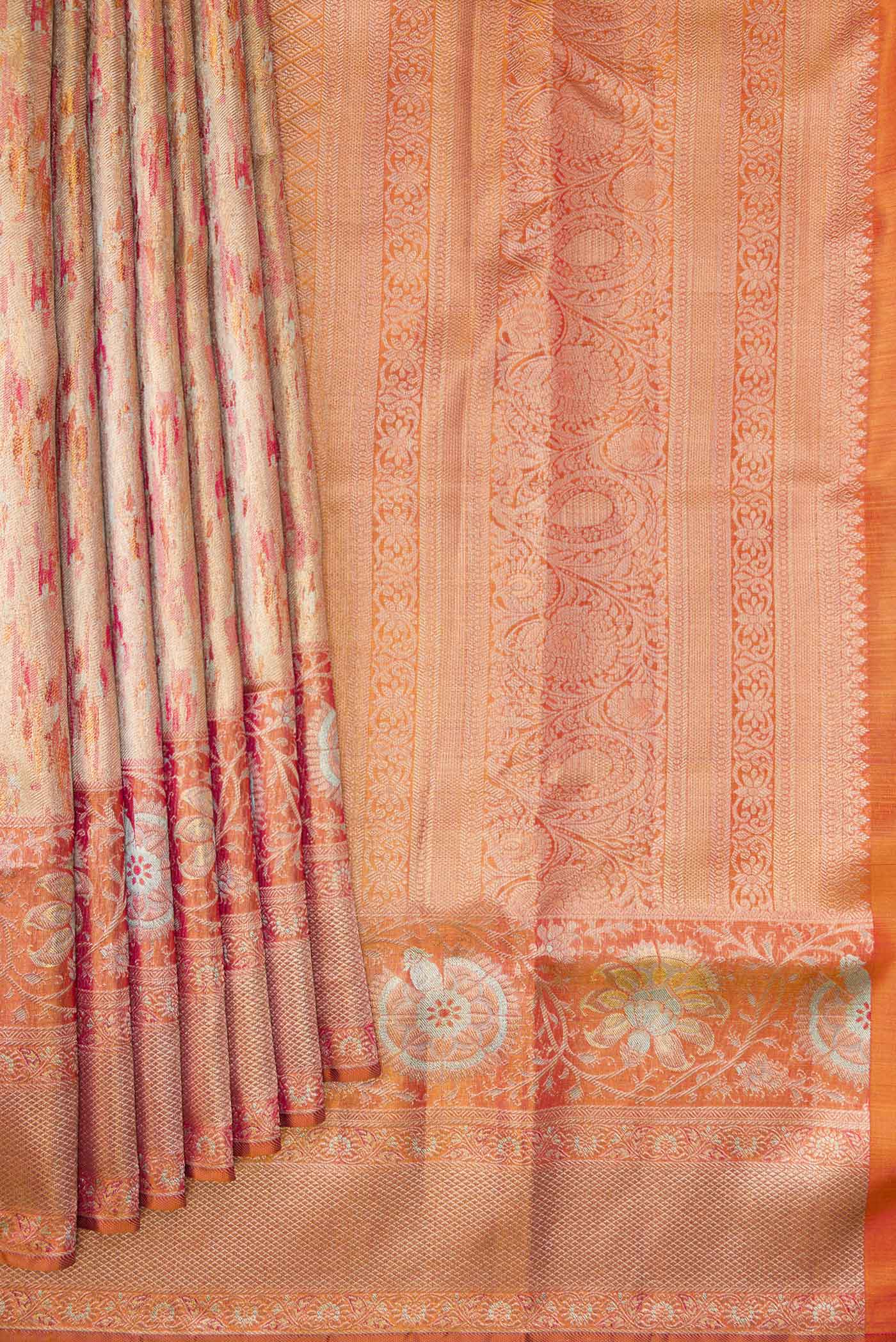 Pleats and pallu of Gold Dual Tone Kanjivaram Tissue Silk Saree with Zari Brocade on the body and Zari Border. 