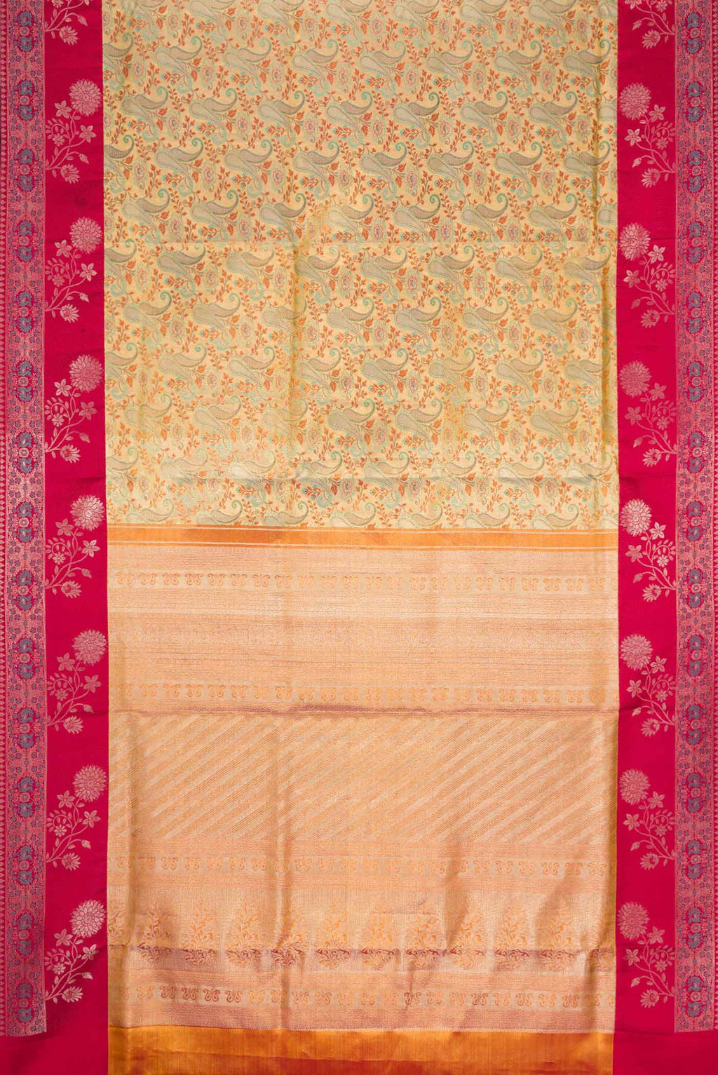 Flat view of Gold Dual Tone Kanchipuram Silk Saree with Zari Brocade on the body and Fancy Border