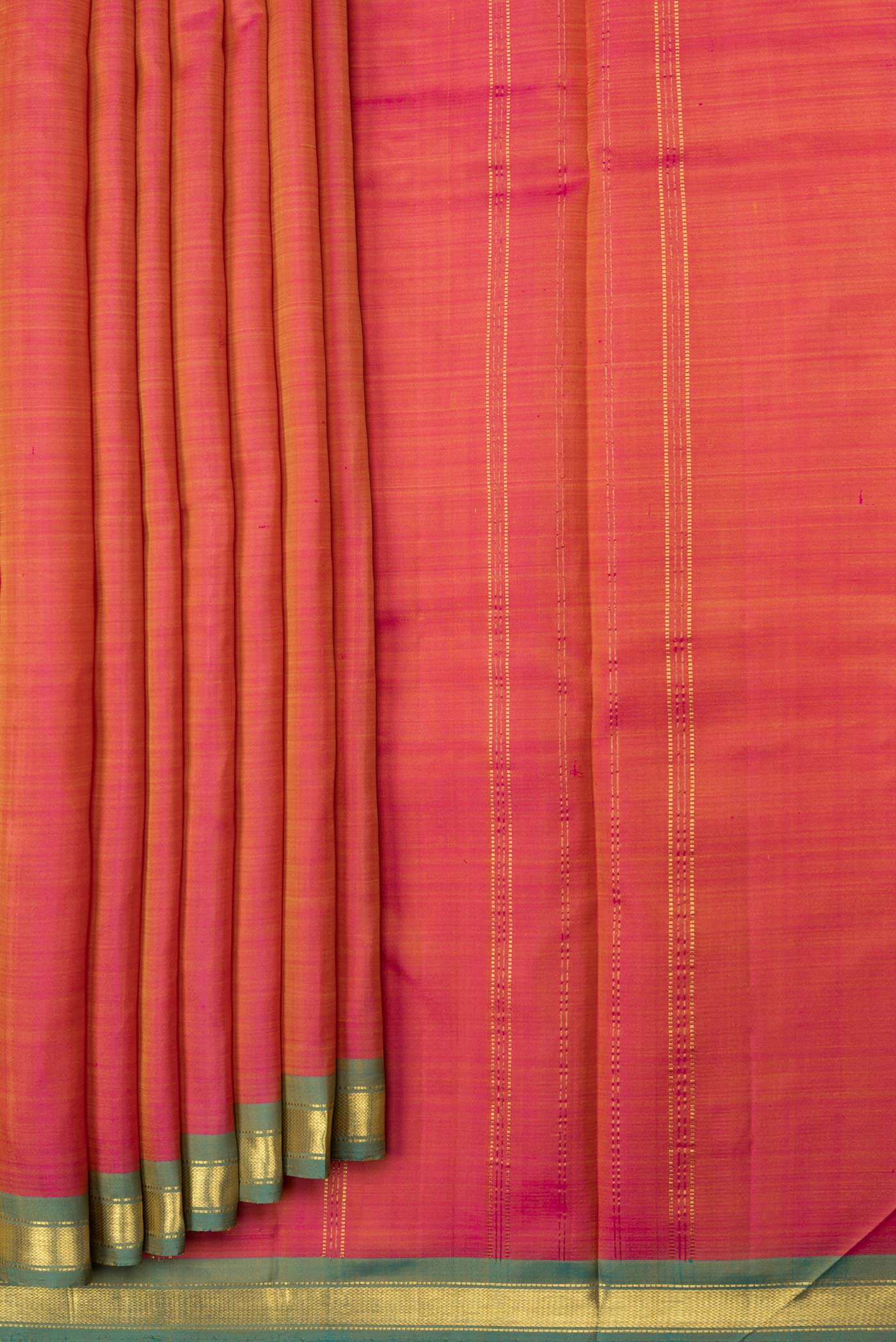 Pleats and pallu of Pink Dual Tone Kanchipuram Saree with Plain Body and Zari Border. 