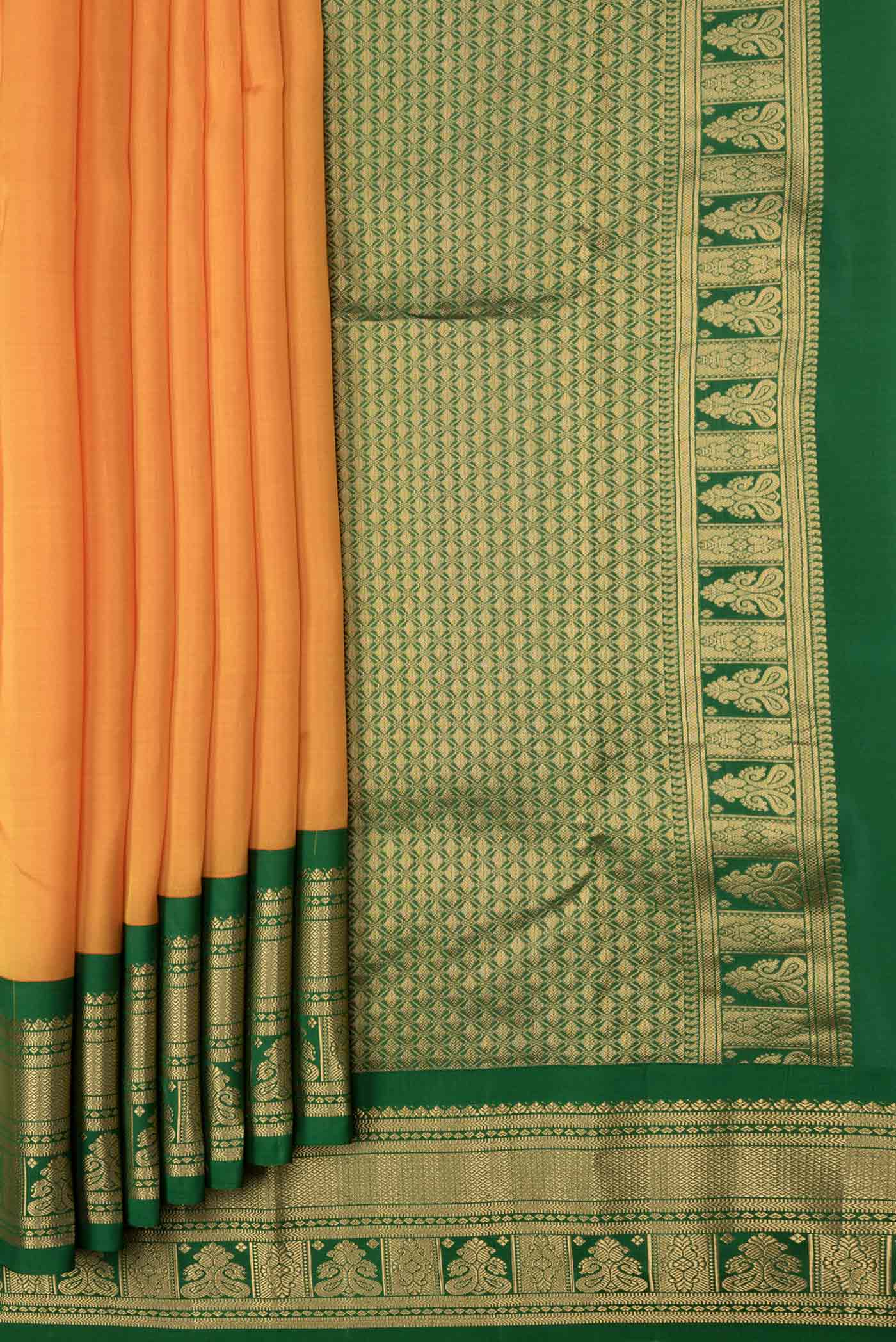 Pleats and pallu of Yellow Dual Tone Kanchipuram Saree with Plain Body and Zari Border. 
