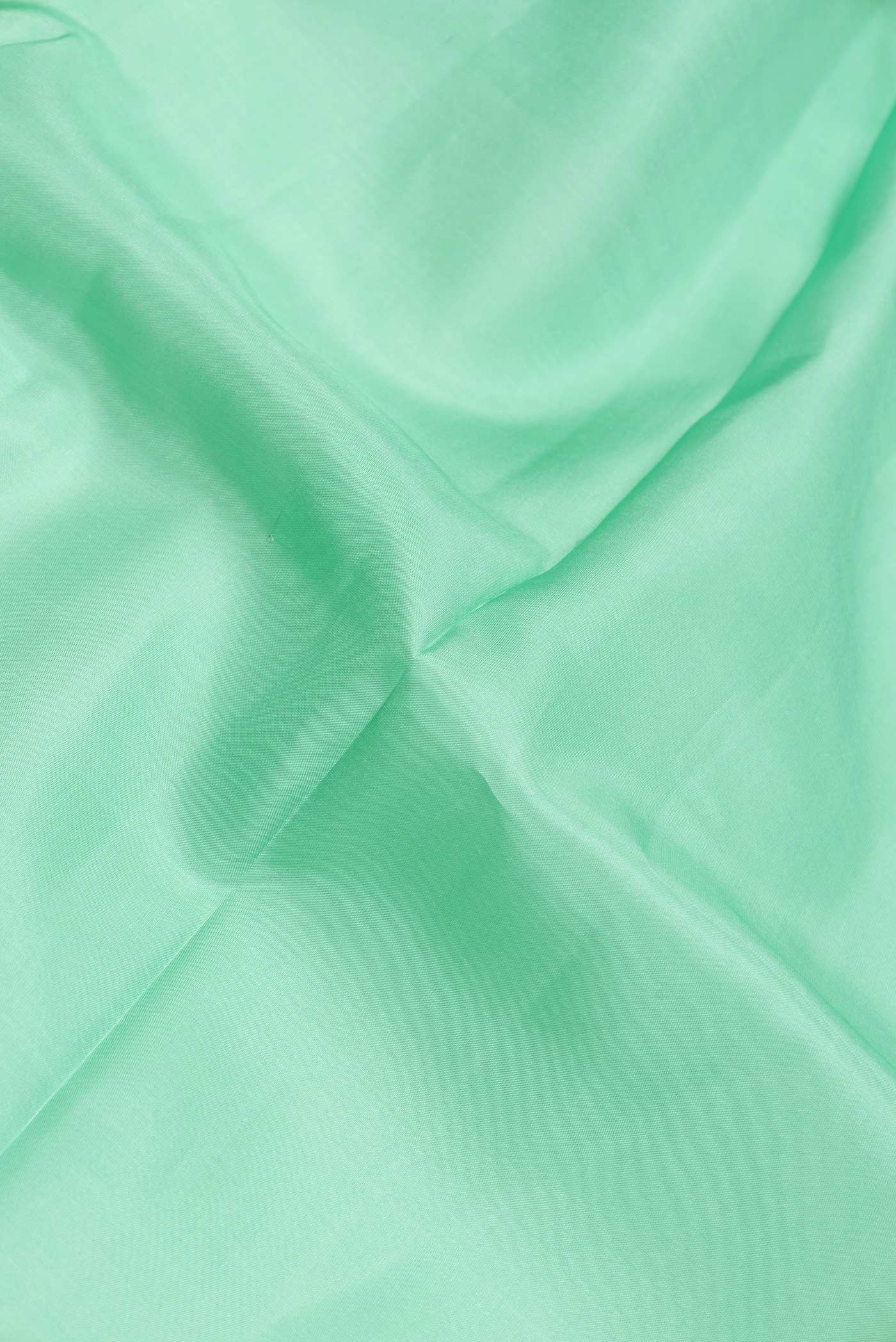 Close up of Pista Green Dual Tone Kanchipuram Saree with Plain Body and Zari Border.  displaying folds