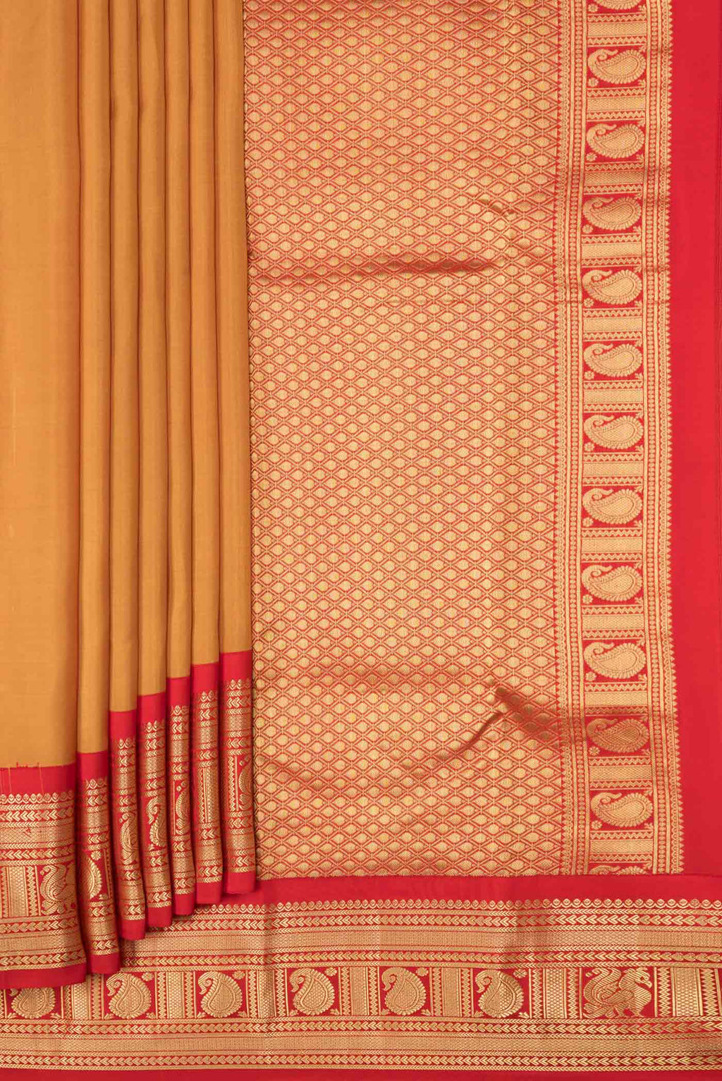 Pleats and pallu of Mustard Dual Tone Kanchipuram Saree with Plain Body and Zari Border. 