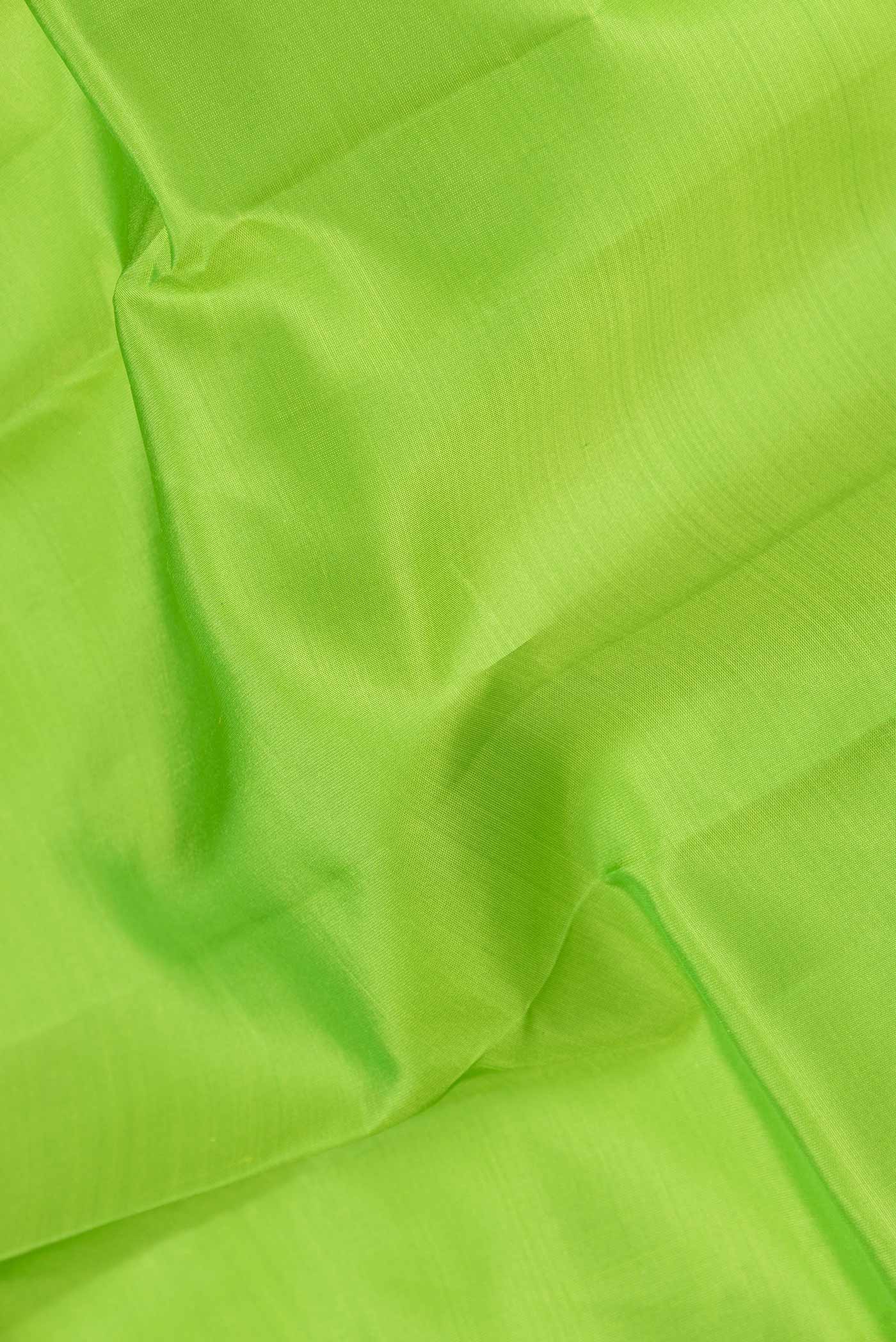 Close up of Parrot Green Dual Tone Kanchipuram Saree with Plain Body and Zari Border.  displaying folds