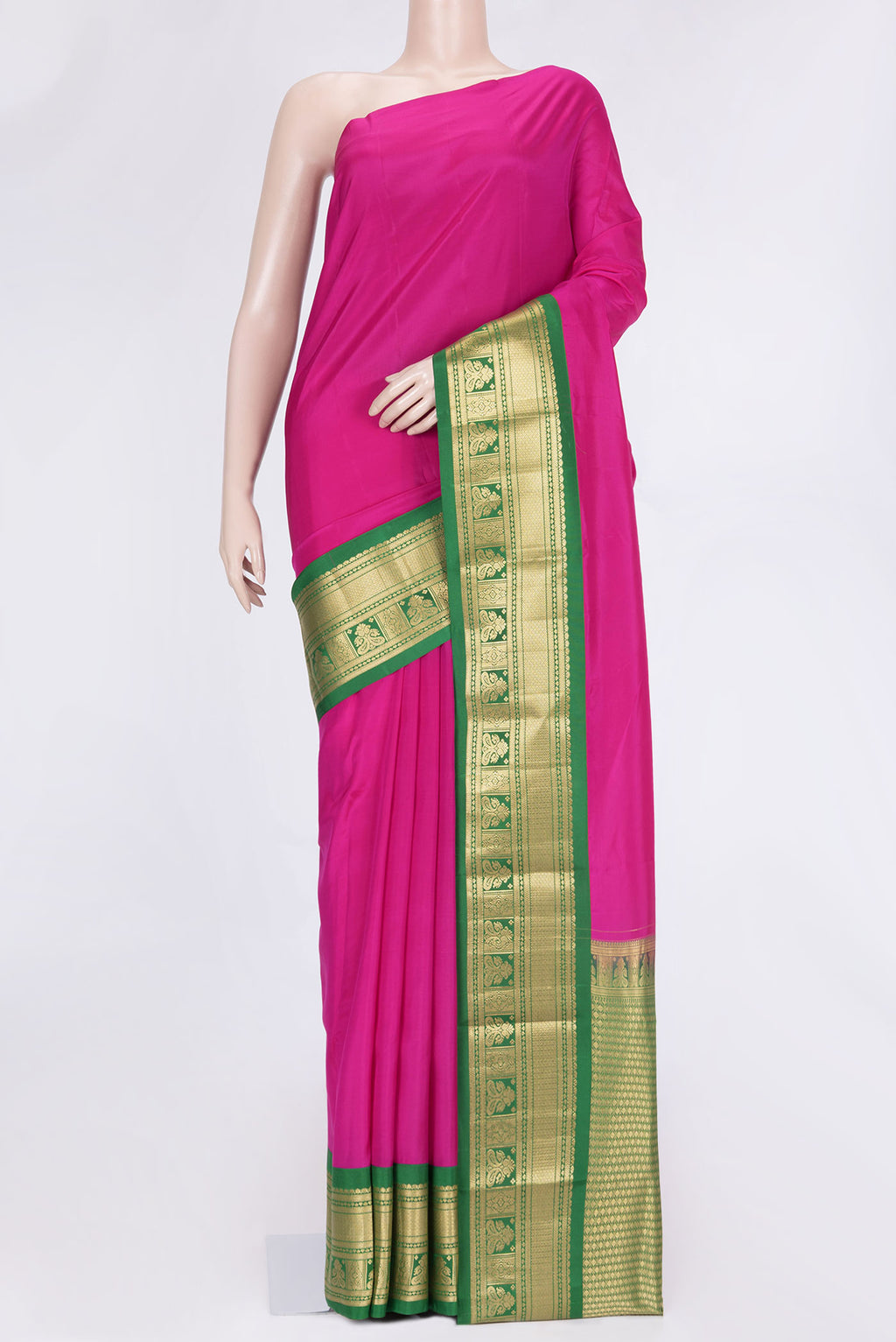 Pink Dual Tone Kanchipuram Saree with Plain Body and Zari Border.  displayed on a mannequin