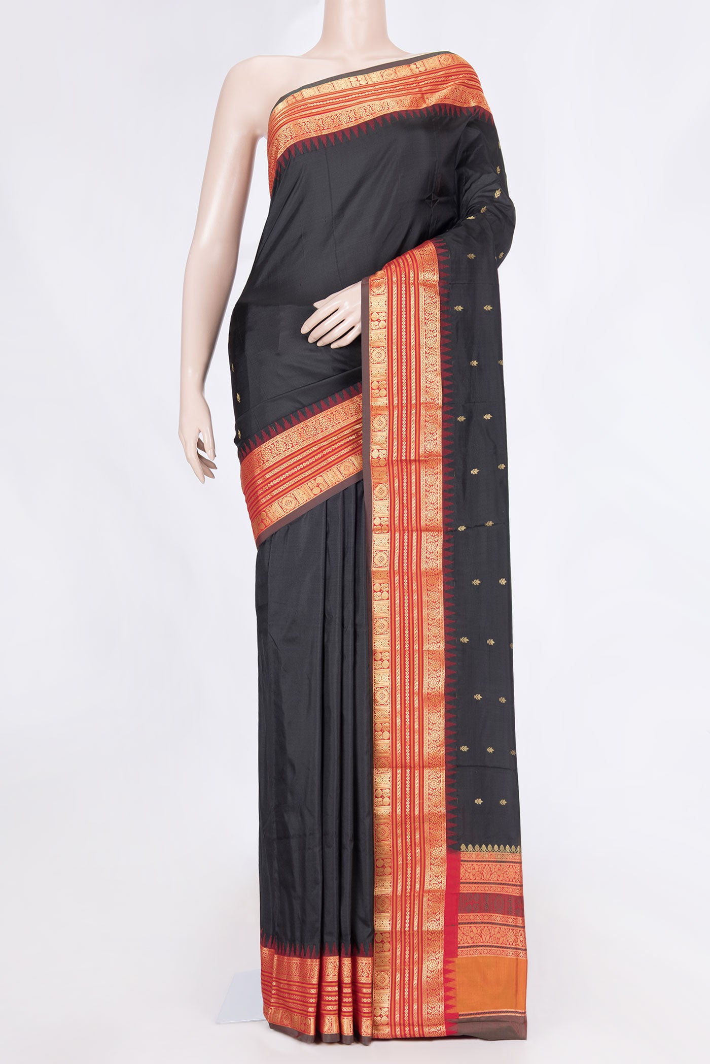 Black Bangalore Silk Saree with Zari Butta on the body and Zari Border displayed on a mannequin