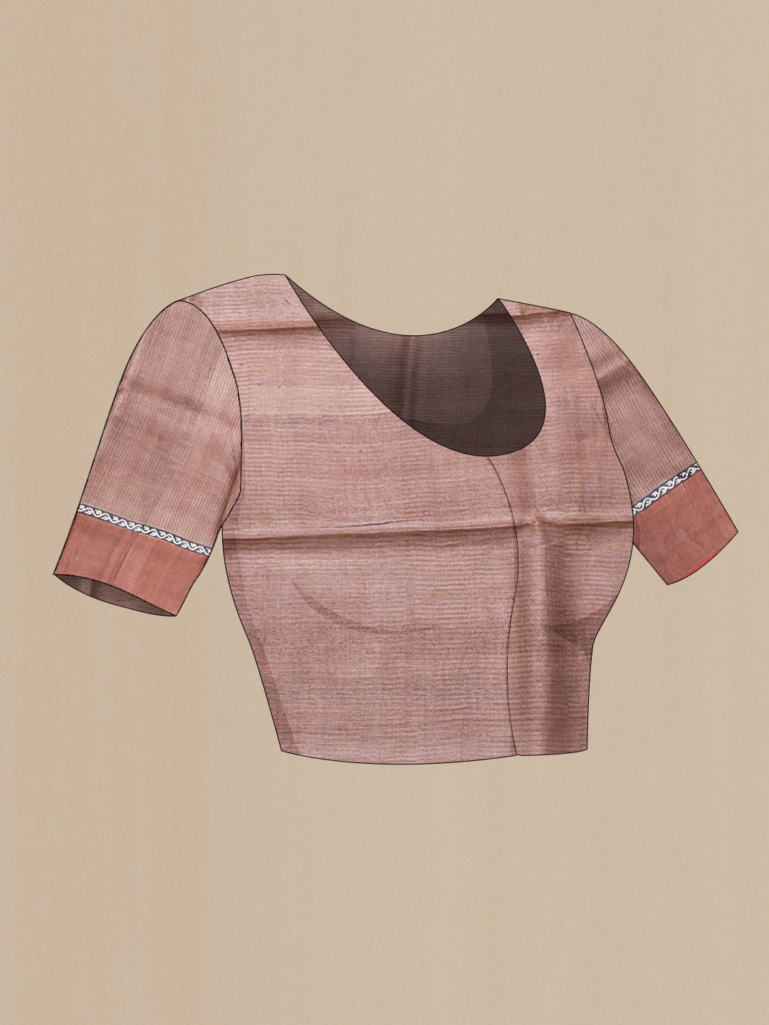 Close up image of the blouse of Brown Dual Tone Tussar Silk Saree with Printed design on the body and Fancy Border. 