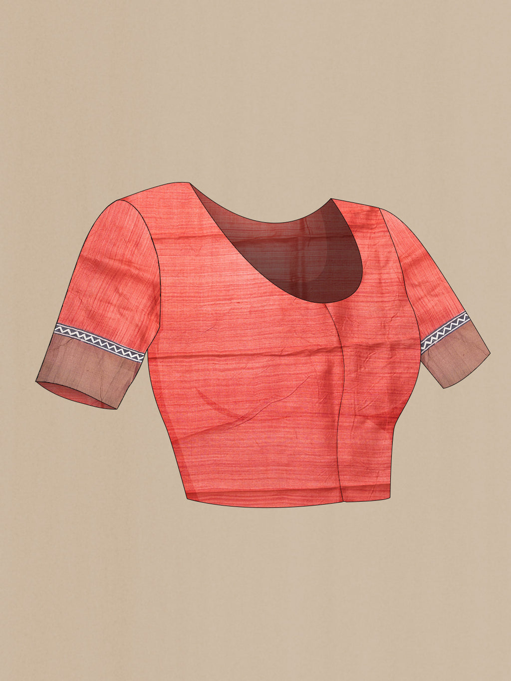 Close up image of the blouse of Red Dual Tone Tussar Silk Saree with Printed design on the body and Zari Border. 