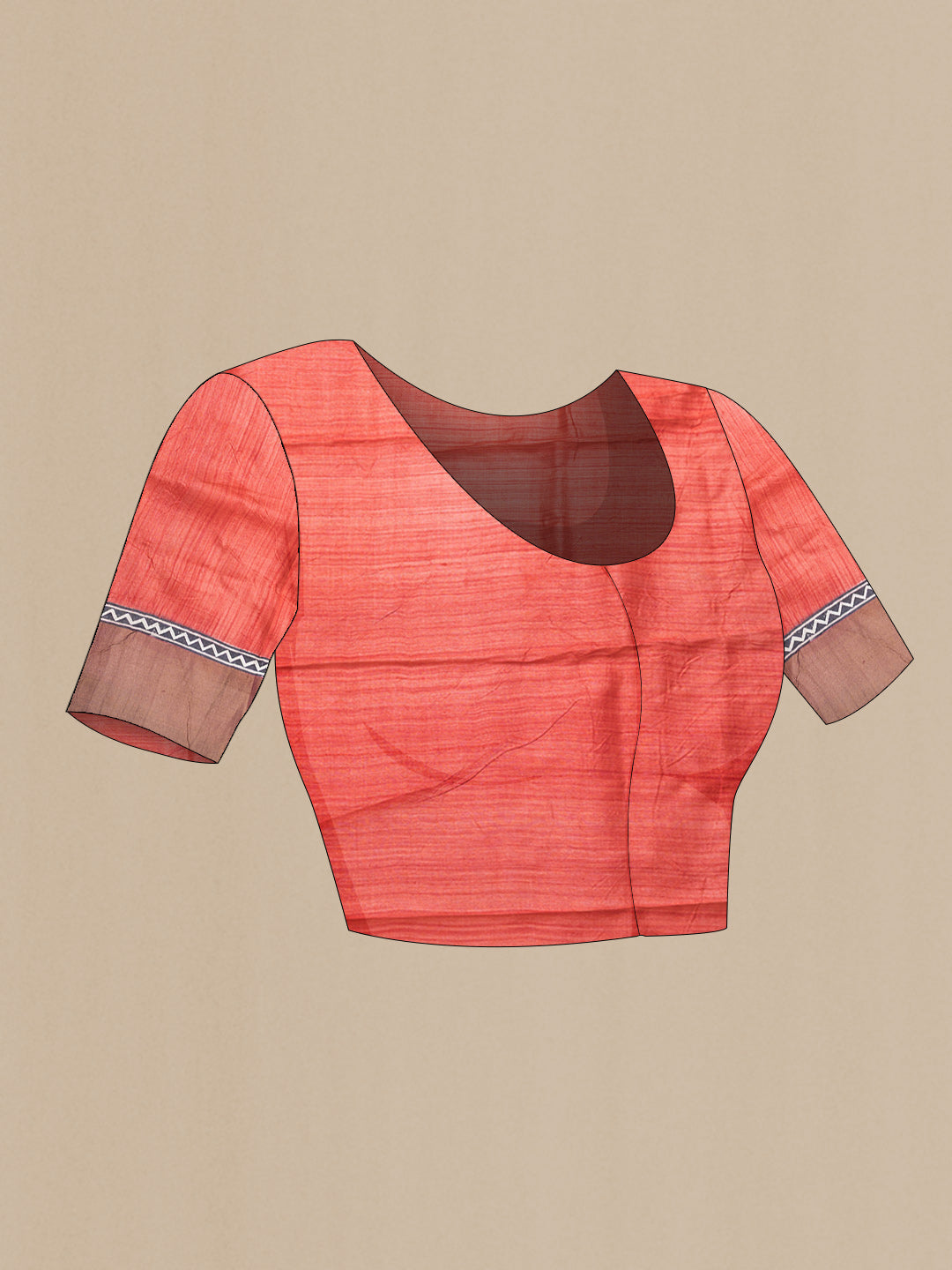 Close up image of the blouse of Red Dual Tone Tussar Silk Saree with Printed design on the body and Zari Border. 