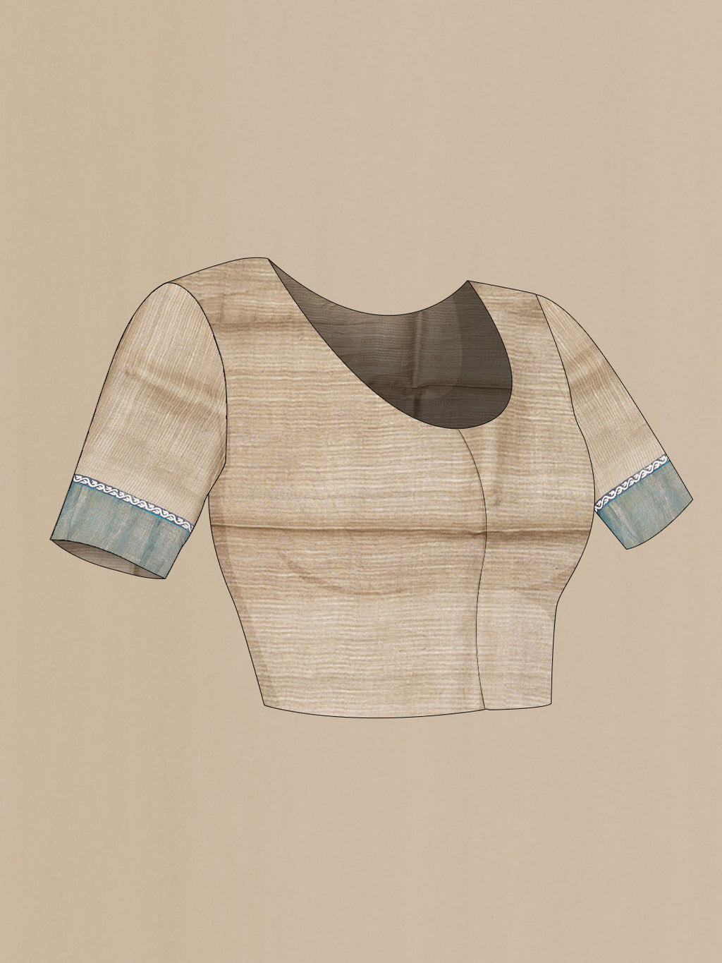 Close up image of the blouse of Beige Dual Tone Tussar Saree with Stripes on the body and Fancy Border