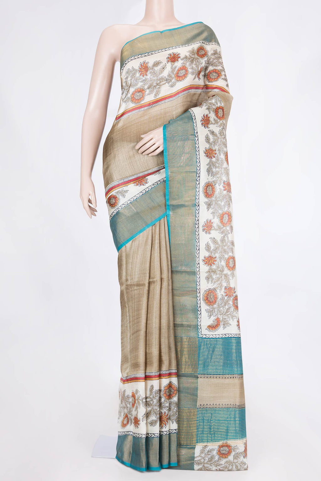Beige Dual Tone Tussar Saree with Stripes on the body and Fancy Border displayed on a mannequin