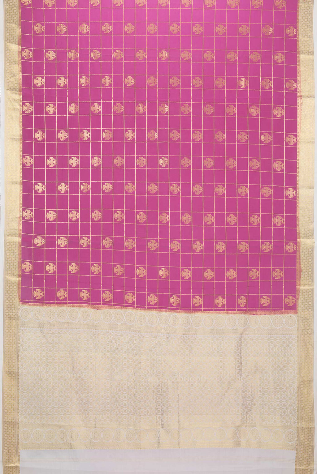 Flat view of Pink Dual Tone Mysore Crepe Saree with Checked design on the body and Zari Border