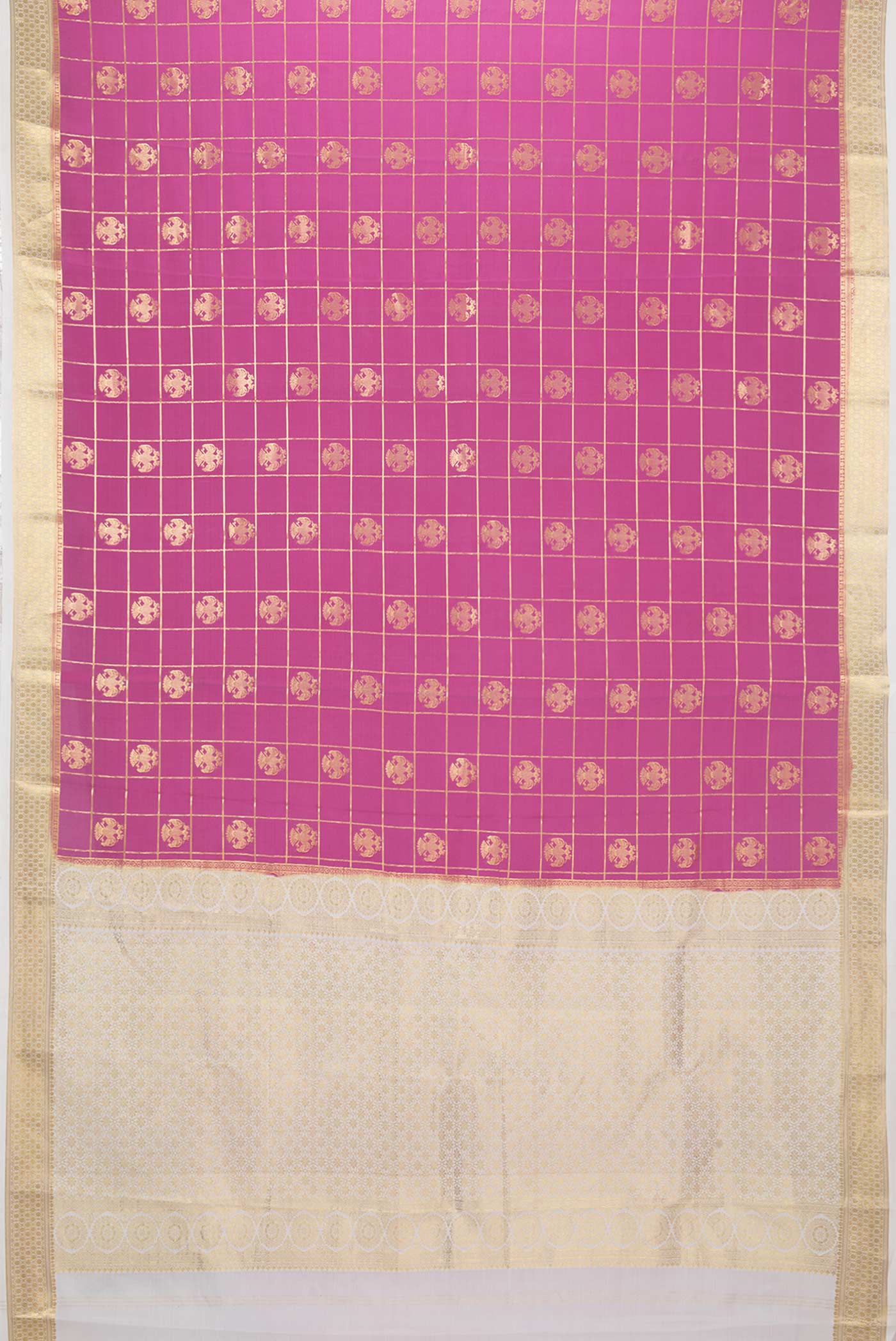 Flat view of Pink Dual Tone Mysore Crepe Saree with Checked design on the body and Zari Border