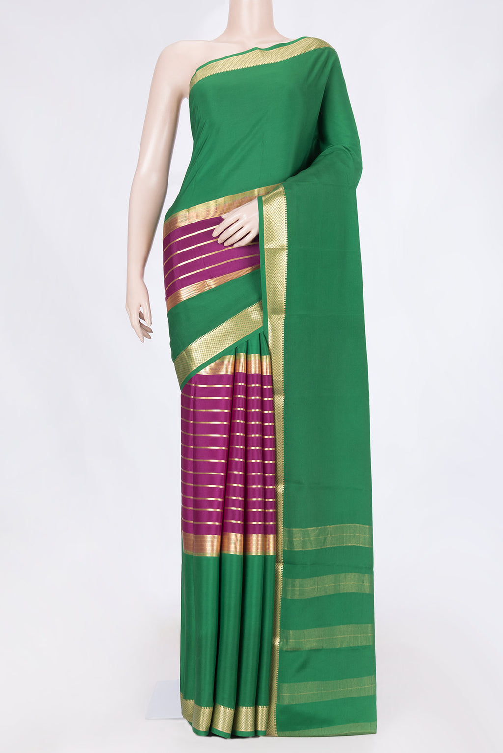 Magenta Dual Tone Mysore Crepe Saree with Stripes on the body and Zari Border displayed on a mannequin