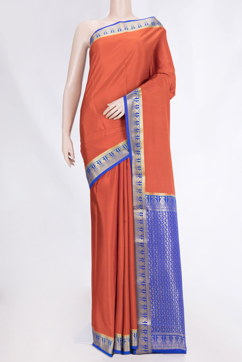 Orange Mysore Crepe Saree with Plain Body and Zari Border displayed on a mannequin